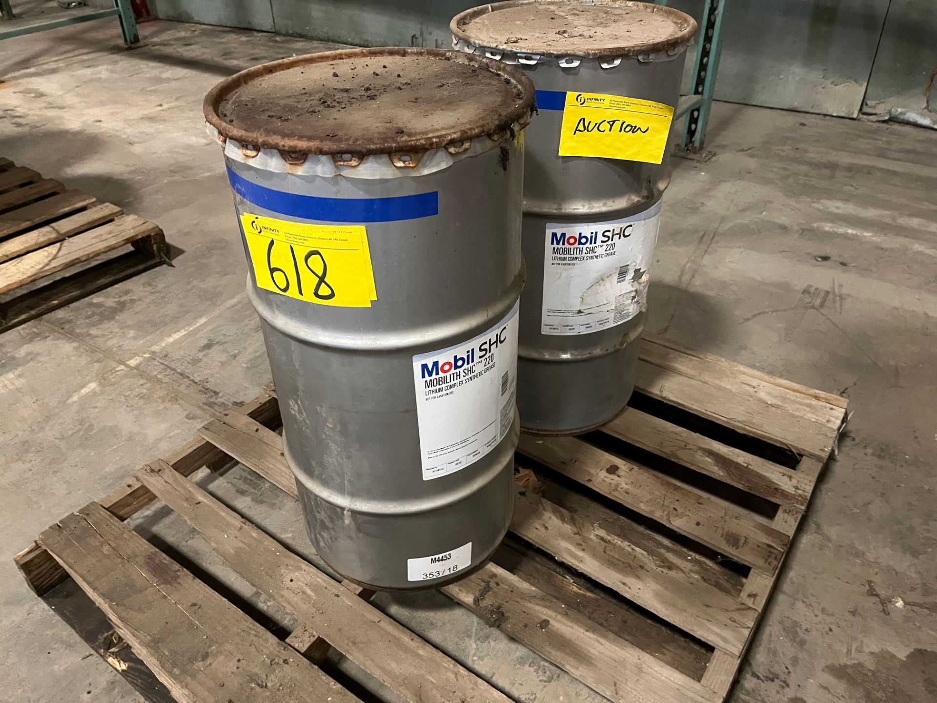 LOT OF (2) SMALLER BARRELS OF MOBIL SHC MOBILITH SHC 220 LITHIUM COMPLEX SYNTHETIC GREASE (PM MAIN