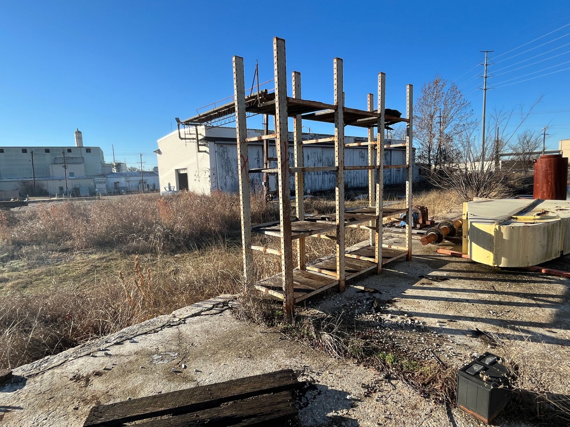 LOT ALL REMAINING METAL ON CEMENT PLATFORM INCLUDING RACKING, SCAFFOLDING, FRAMES, ENCLOSURES, - Image 12 of 29