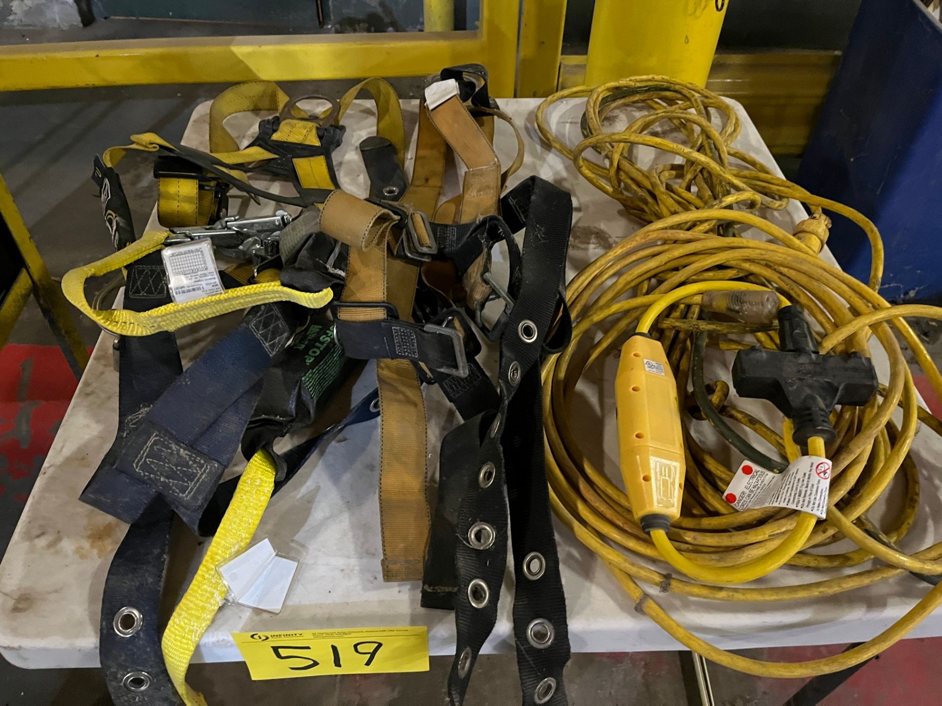 LOT OF (2) TABLES W/ CONTENTS INCLUDING HARNESSES, EXTENSION CORDS, METRO VACUUM, DAYTON HAND PUMPS, - Image 4 of 4