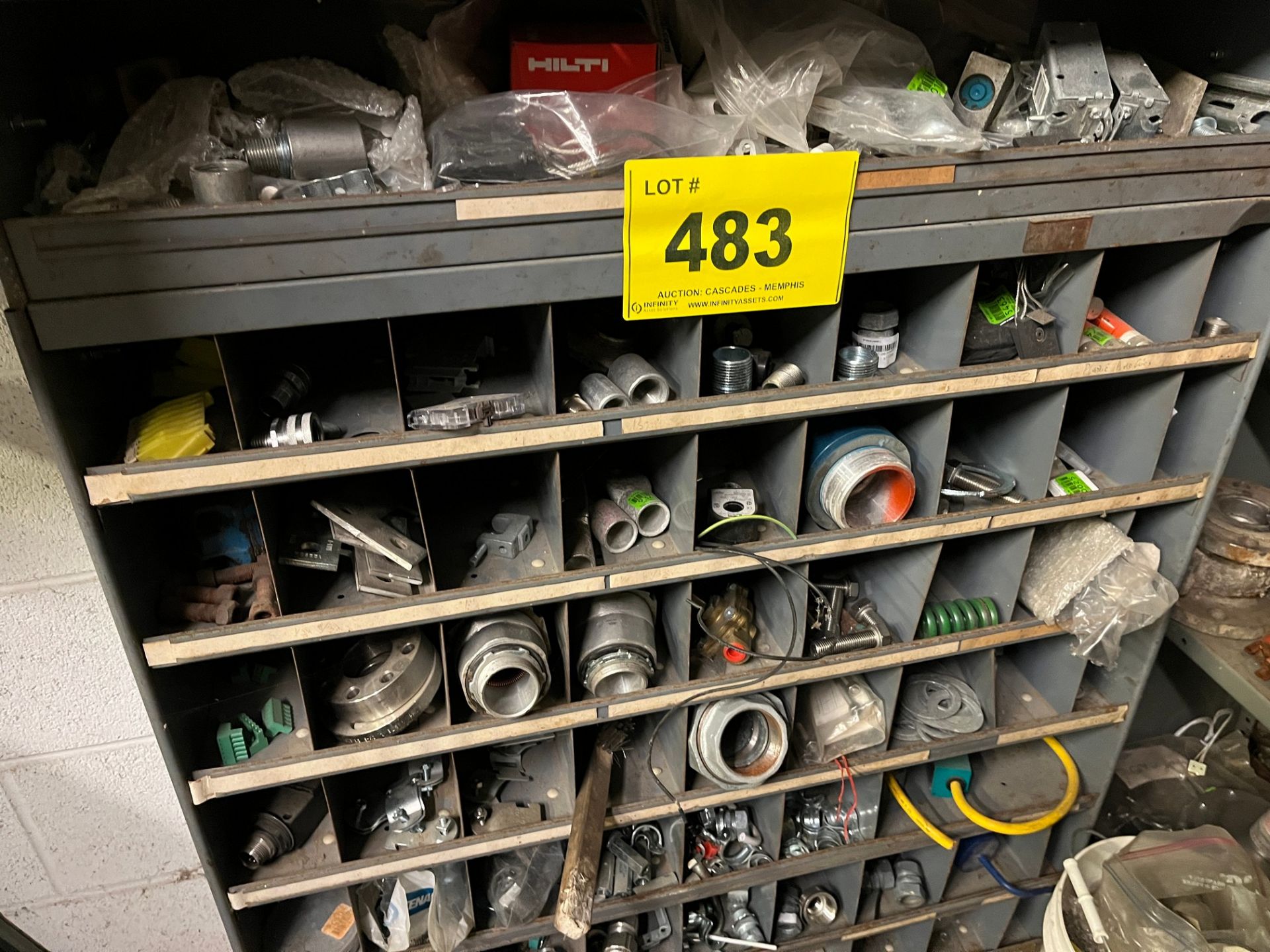 LOT OF (2) APPROX. 60-SLOT PIGEON HOLE CABINETS W/ ELECTRICAL PARTS (MAINTENANCE AREA PMB) - Image 5 of 6