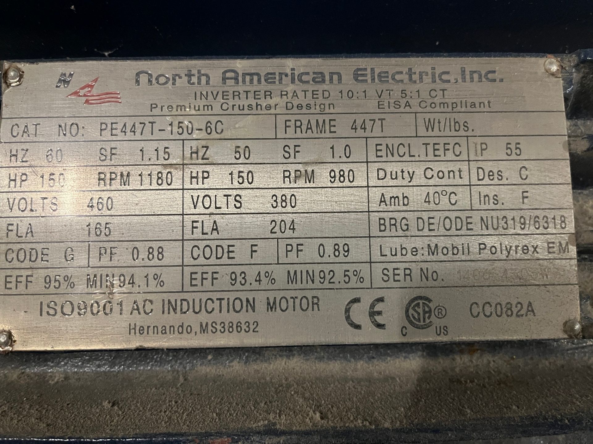 NORTH AMERICAN ELECTRIC AC INDUCTION MOTOR, 150HP, 1,180 RPM, 460V, 447T FRAME (PAPER MACHINE - Image 2 of 2