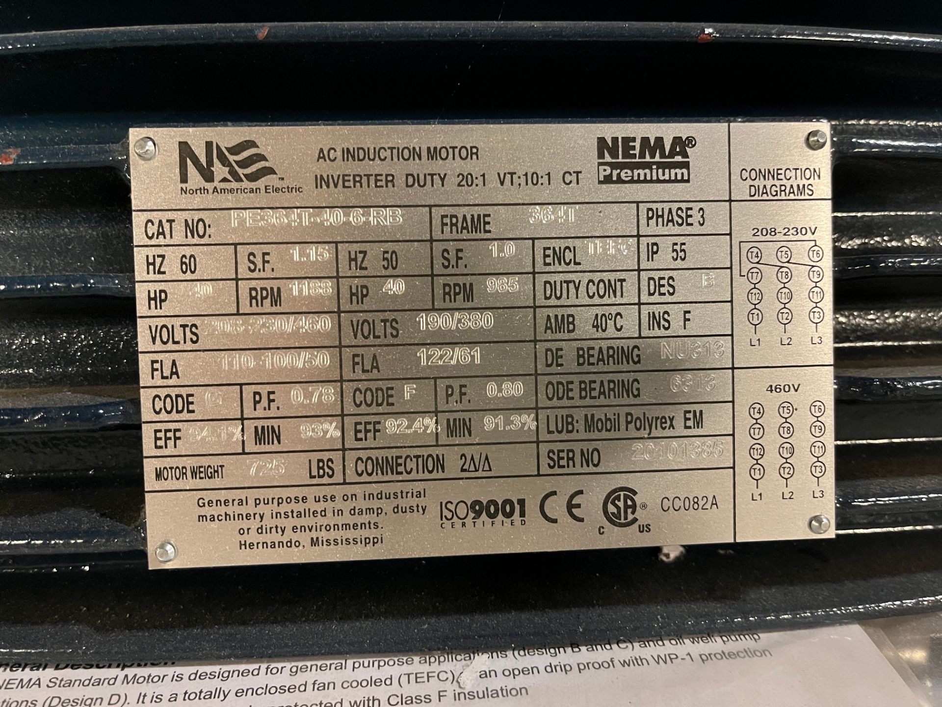 NORTH AMERICAN ELECTRIC AC INDUCTION MOTOR, 40HP, 1,185 RPM, 208-230/460V, 364T FRAME (PAPER MACHINE - Image 2 of 2