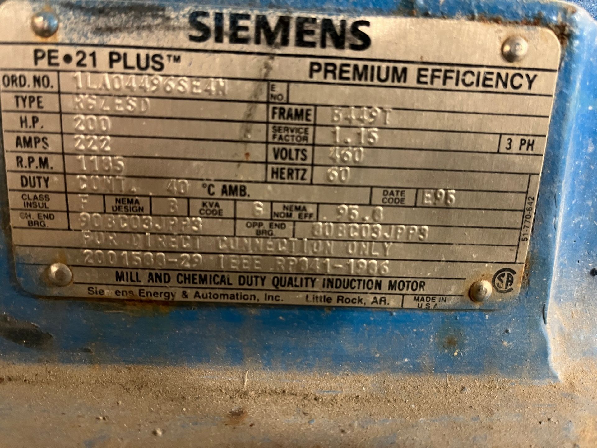 SIEMENS 200HP MOTOR, 1,200 RPM, 460V, 449T FRAME (PAPER MACHINE BUILDING WAREHOUSE, ROW C16) - Image 2 of 2