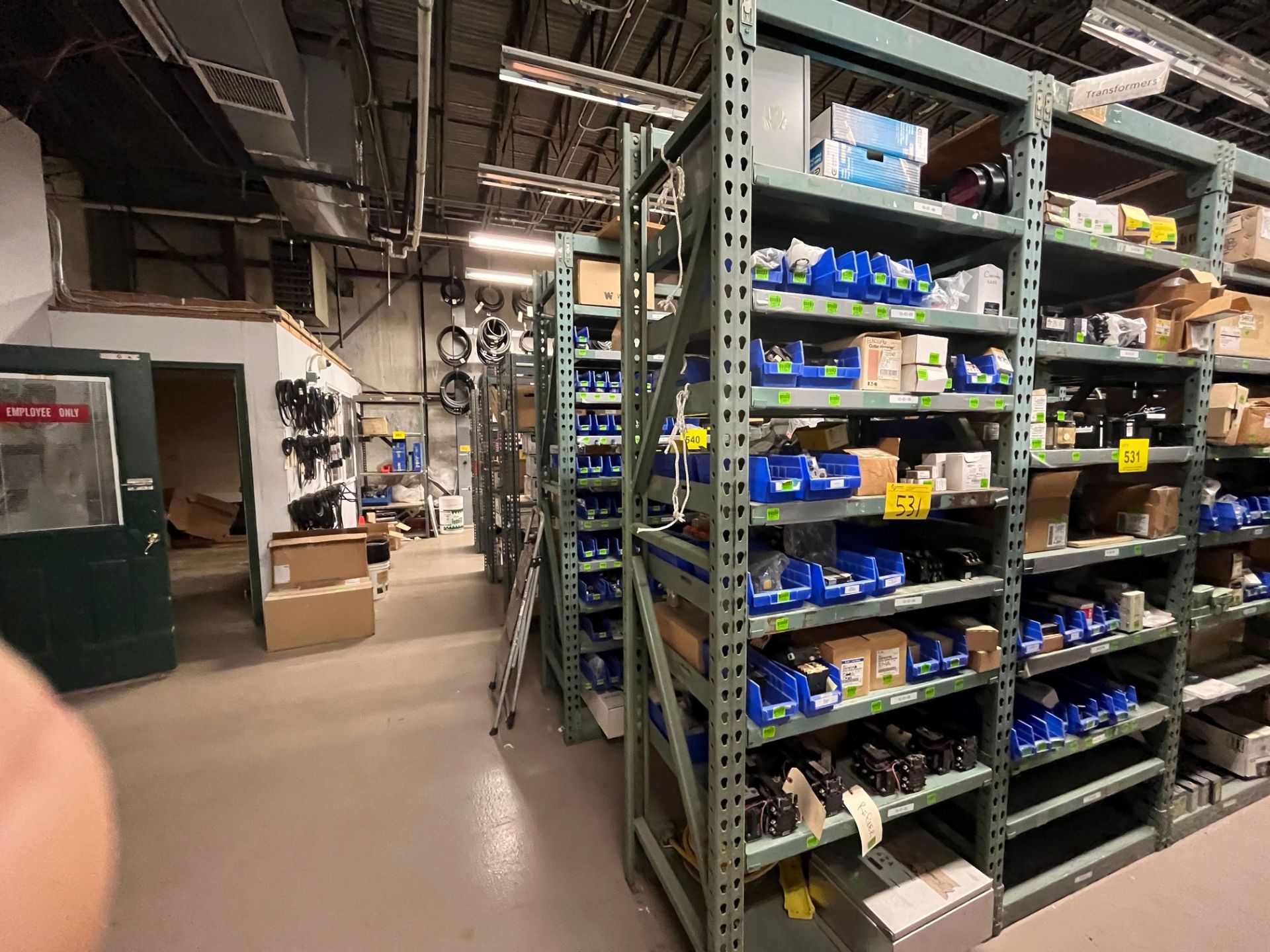 CONTENTS OF (2) SECTIONS OF 2-SIDED SHELVING INCLUDING TRANSFORMER CORE, RELAYS, METSO CONTROL