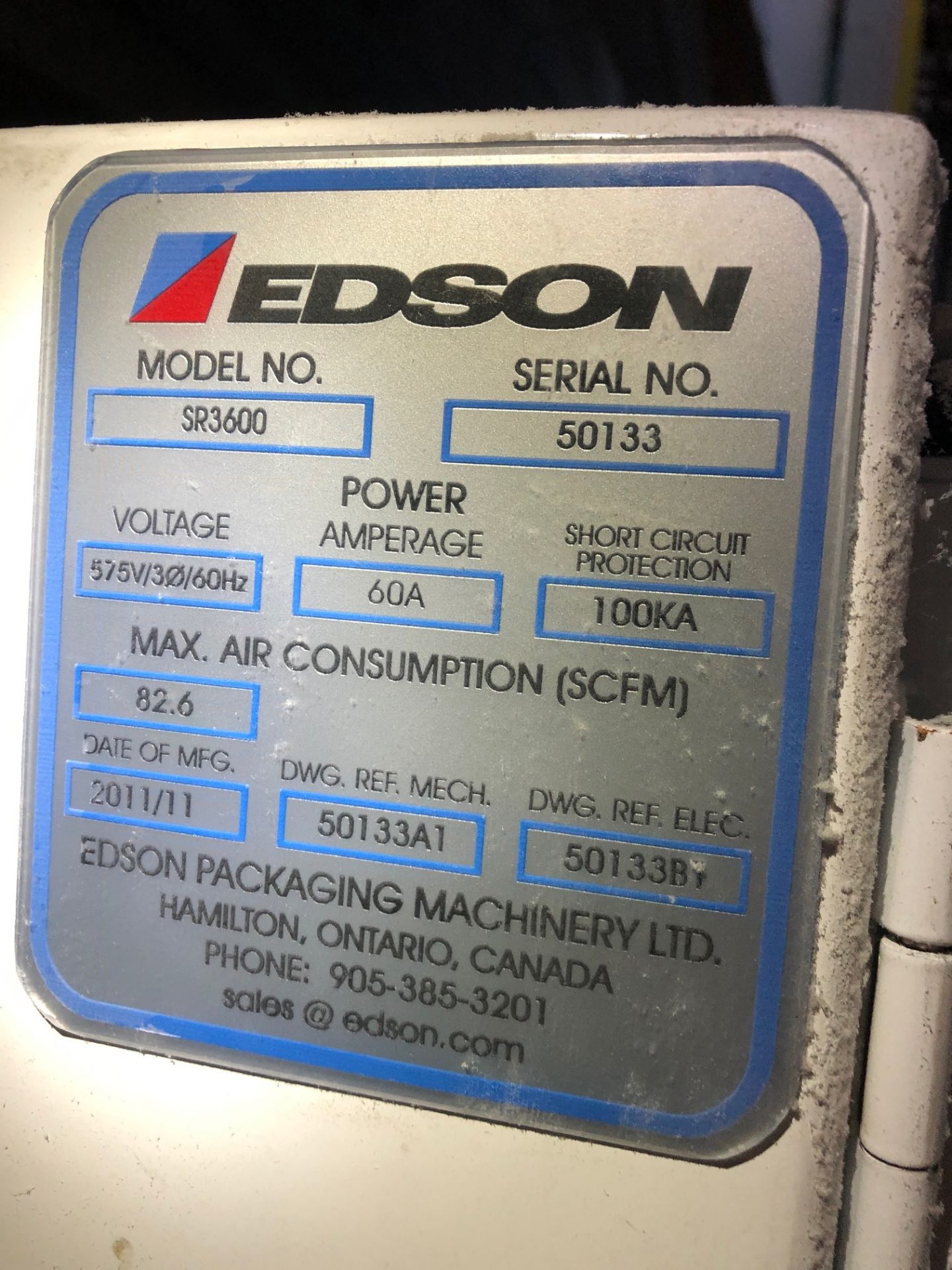 2011 EDSON PACKAGING MACHINERY LTD. SR3600 CASE PACKER, S/N 50133, 575/3PH/60HZ, 60 AMP, SHORT - Image 5 of 8