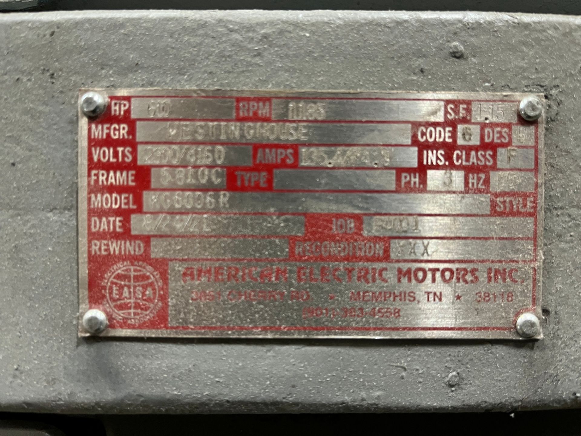 AMERICAN ELECTRIC MOTORS / WESTINGHOUSE 600HP MOTOR, 1,185 RPM, 2,300 / 4,160V, 5810C FRAME (PAPER - Image 2 of 2