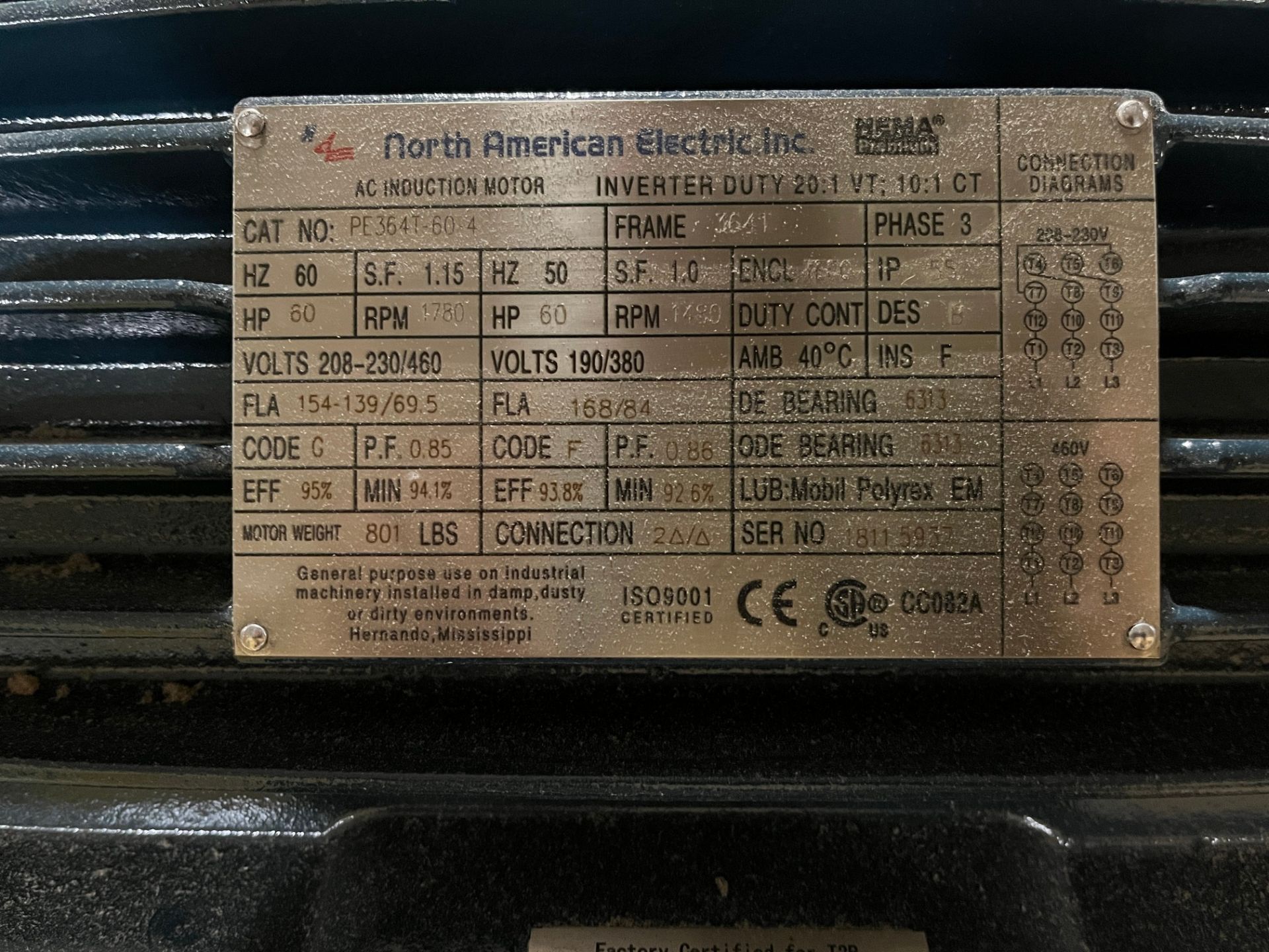 NORTH AMERICAN ELECTRIC AC INDUCTION MOTOR, 60HP MOTOR, 1,780 RPM, 208-230/460V, 364T FRAME (PAPER - Image 2 of 2