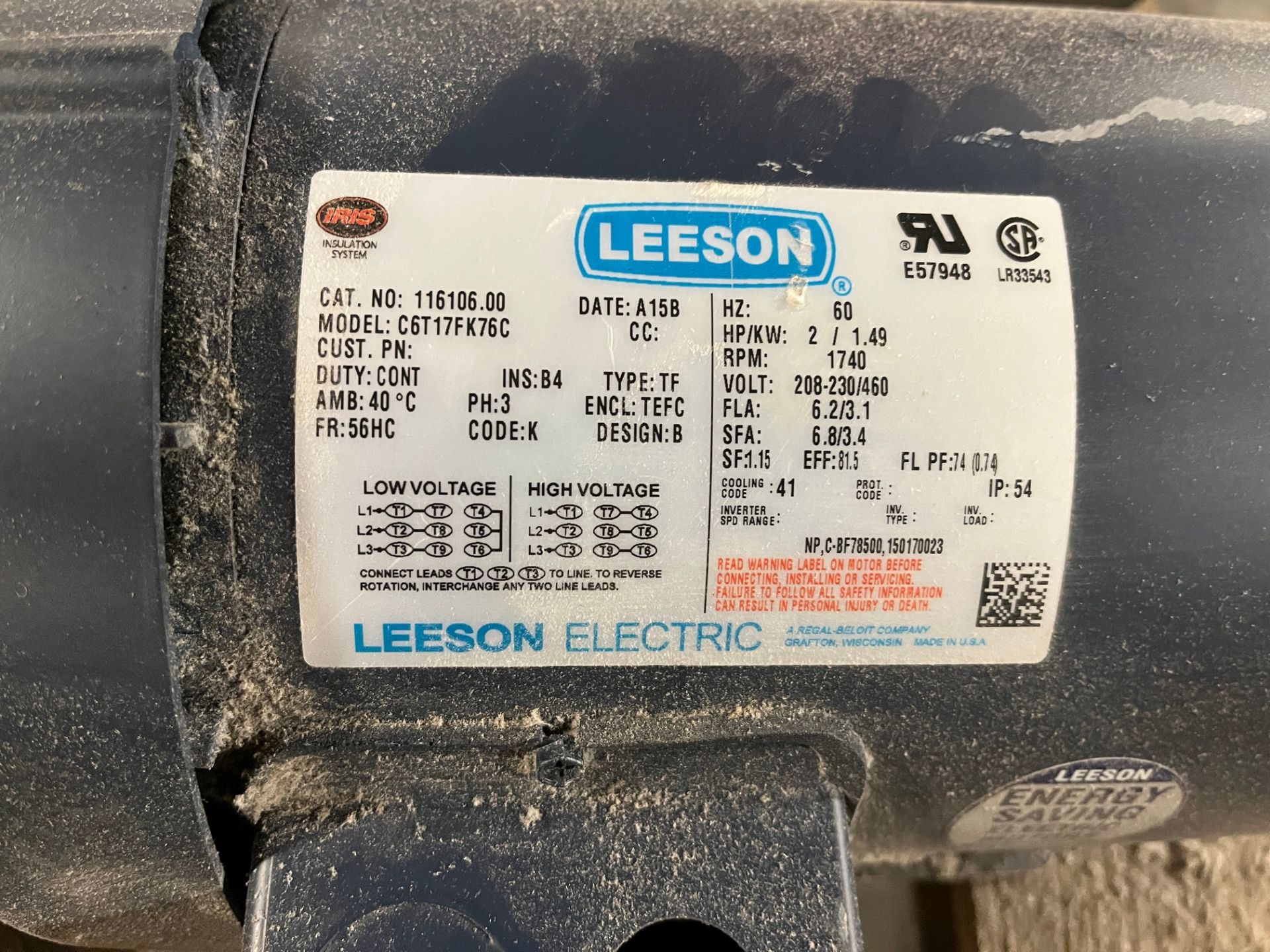 LOT OF (3) LEESON MOTORS, (2) 2HP AND (1) 1HP, 1,740 / 1,750 RPM, 208-230/460V, 90V, 56HC, XLS56C - Image 4 of 4