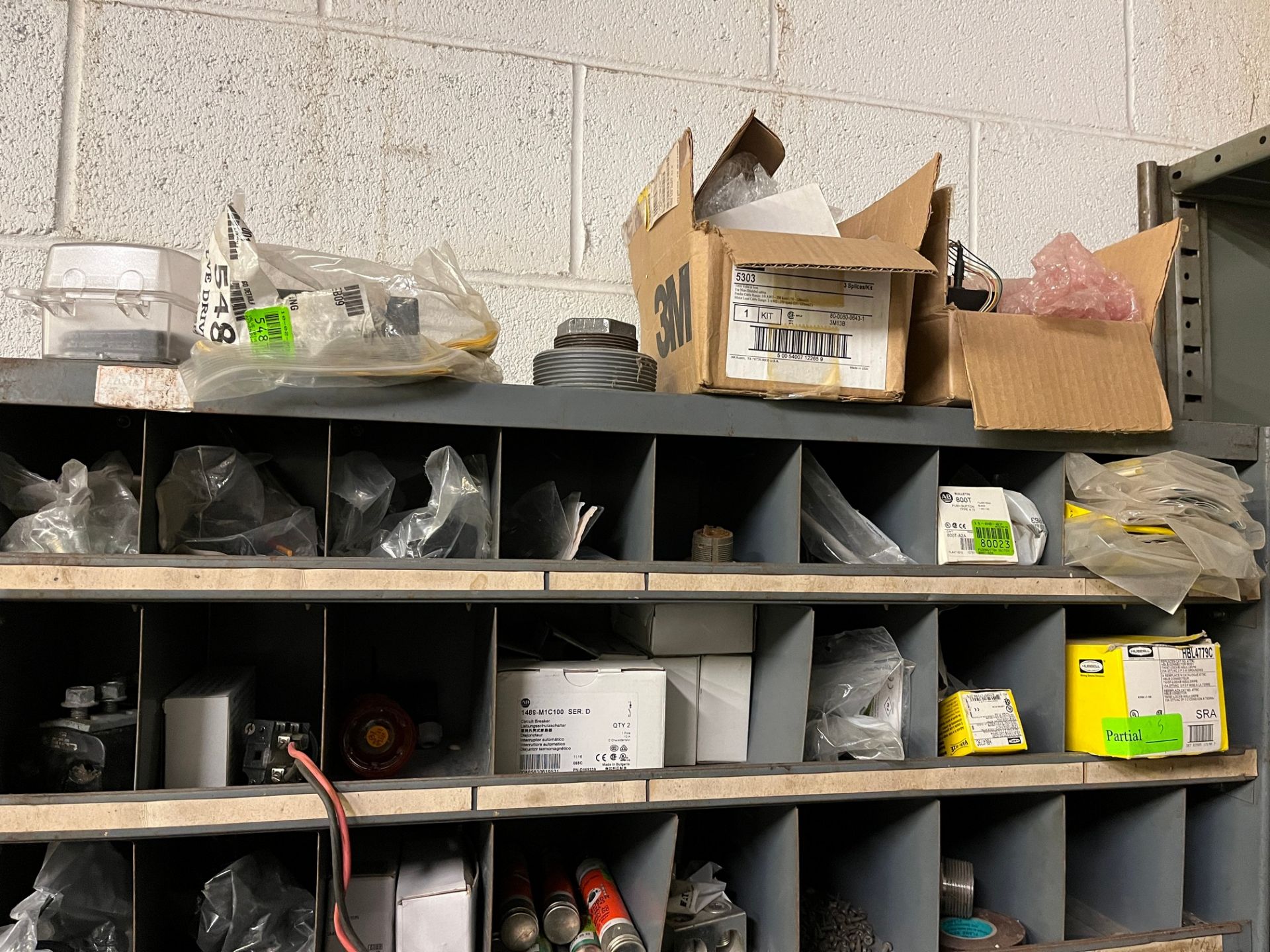 LOT OF (2) APPROX. 60-SLOT PIGEON HOLE CABINETS W/ ELECTRICAL PARTS (MAINTENANCE AREA PMB) - Image 2 of 6