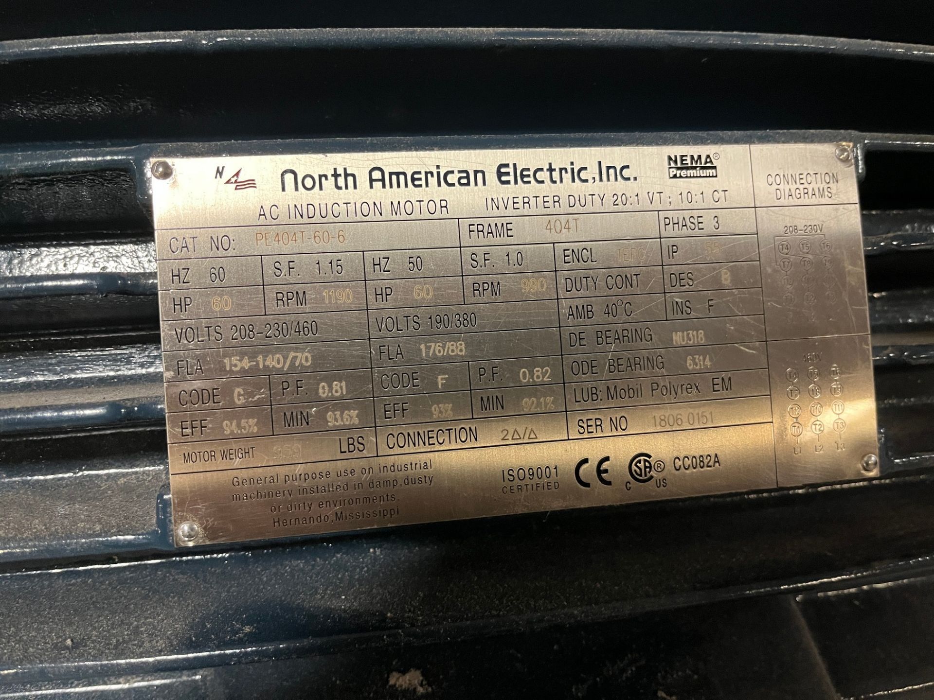 NORTH AMERICAN ELECTRIC AC INDUCTION MOTOR, 60HP, 1,190 RPM, 208-230/460V, 404T FRAME (PAPER MACHINE - Image 2 of 2