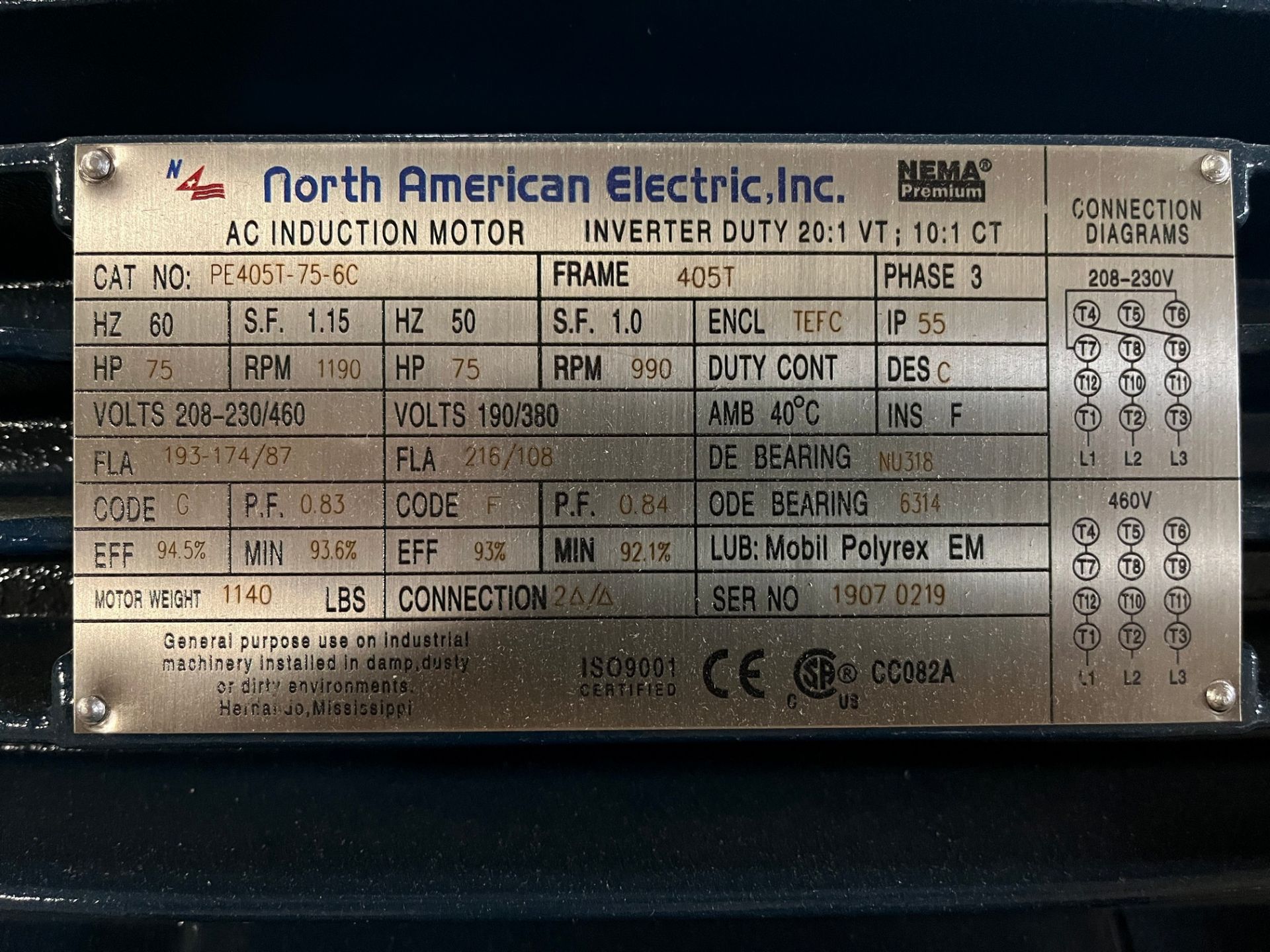 NORTH AMERICAN ELECTRIC AC INDUCTION MOTOR, 75HP, 1,190 RPM, 208-230/460V, 405T FRAME (PAPER MACHINE - Image 2 of 2