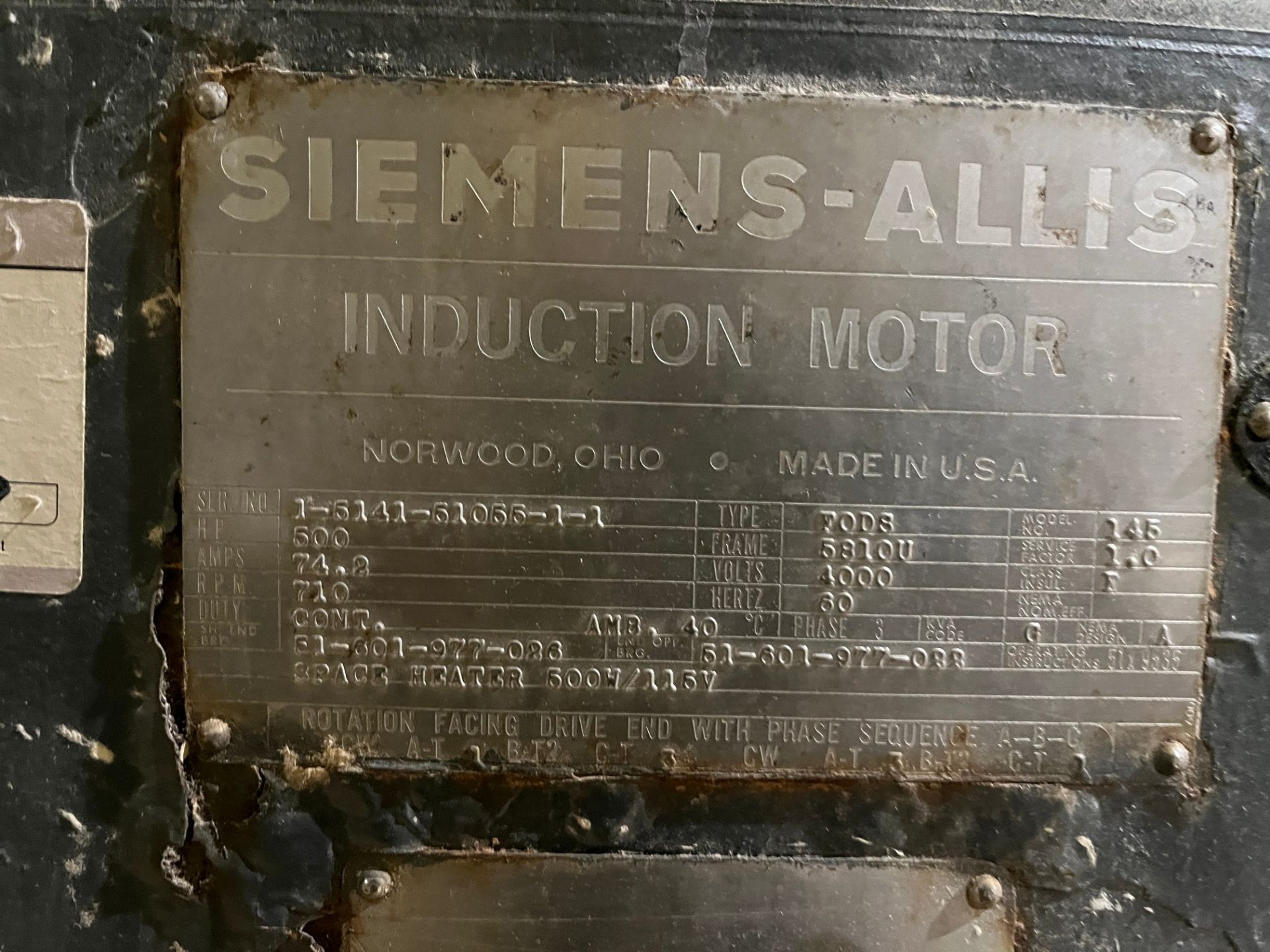 SIEMENS-ALLIS ELECTRIC MOTOR, 500HP, 710 RPM, 4,000V, 5810U FRAME (PREVIOUSLY USED WITH SPROUT - Image 2 of 2