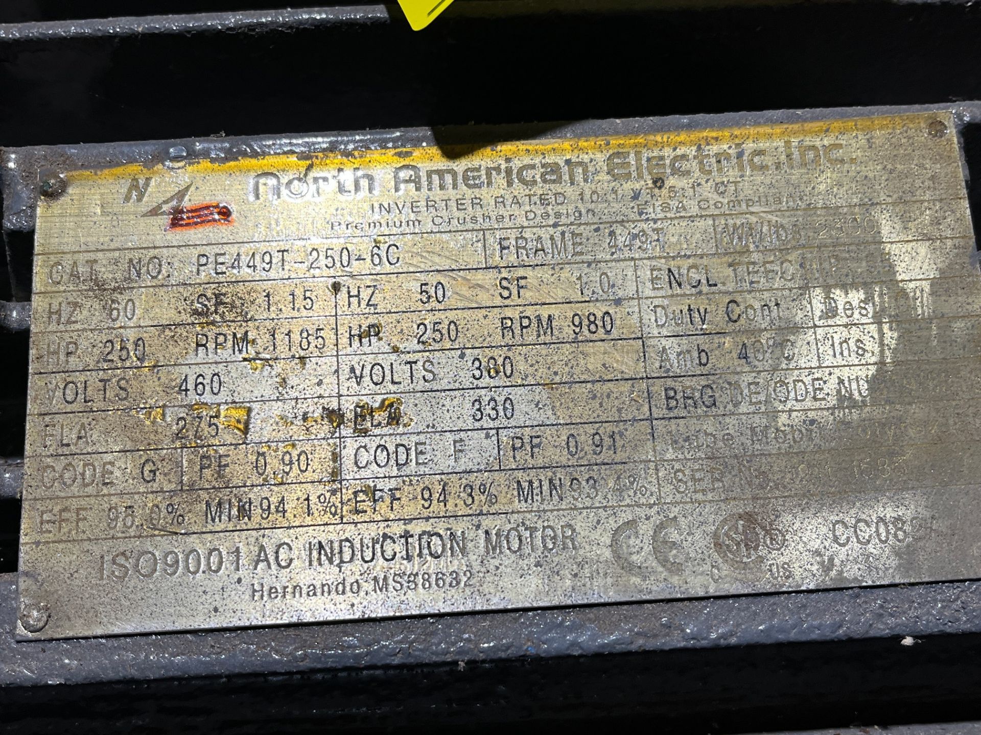 NORTH AMERICAN ELECTRIC 250HP ELECTRIC MOTOR, 1,185 RPM, 460V, 449T FRAME (PAPER MACHINE BASEMENT) - Image 2 of 2