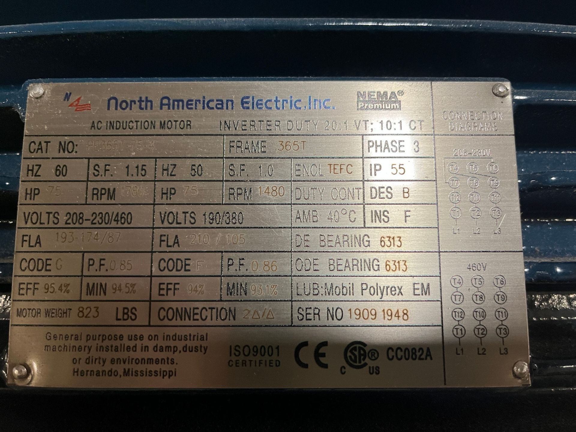 NORTH AMERICAN ELECTRIC AC INDUCTION MOTOR, 75HP, 1,780 RPM, 208-230/460V, 365T FRAME (PAPER MACHINE - Image 2 of 2