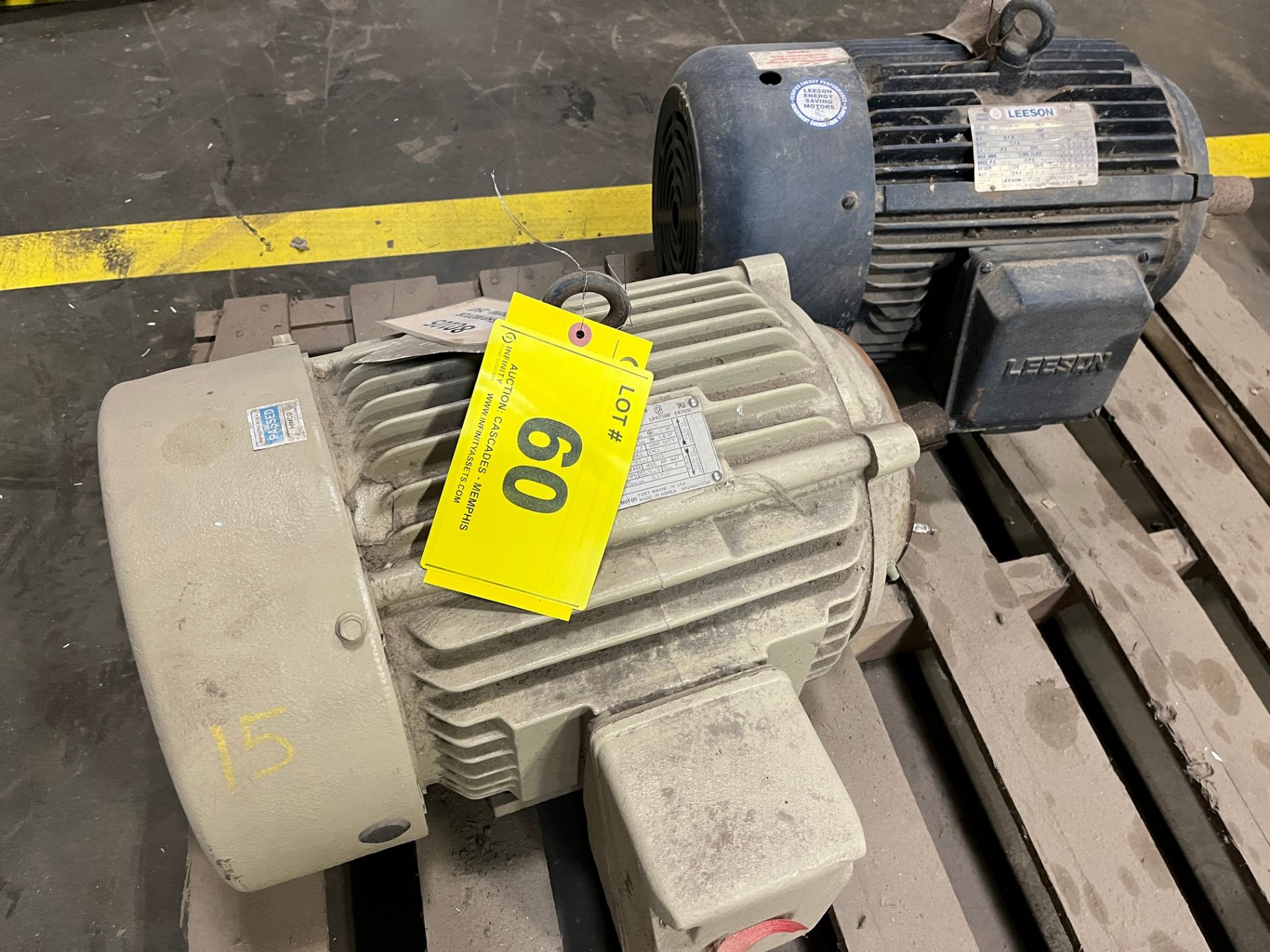 LOT OF (2) MOTORS, GE 15HP MOTOR, 1,770 RPM, 460V, 254TC FRAME AND LEESON 20HP MOTOR, 1,750 RPM,