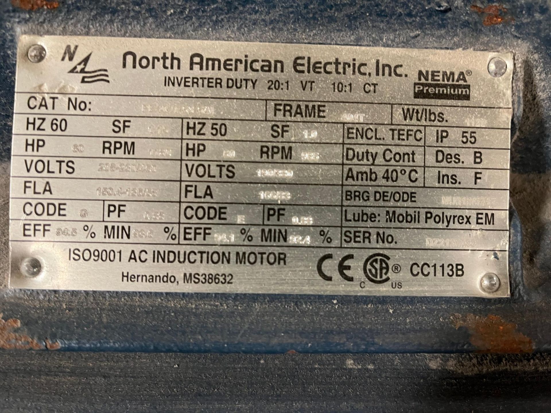 NORTH AMERICAN ELECTRIC 60HP MOTOR, 1,180 RPM, 208-230/460V, 405T FRAME (PAPER MACHINE BUILDING - Image 2 of 2
