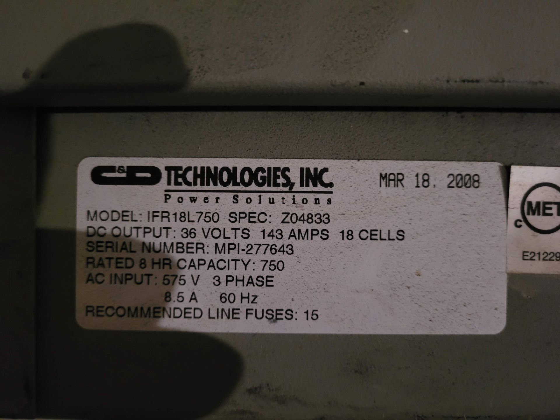 CD TECHNOLOGIES FERROCHARGE IFR SERIES CHARGER, MODEL IFR18L750, 36V (LOCATED IN WELLAND, ON) - Image 2 of 2