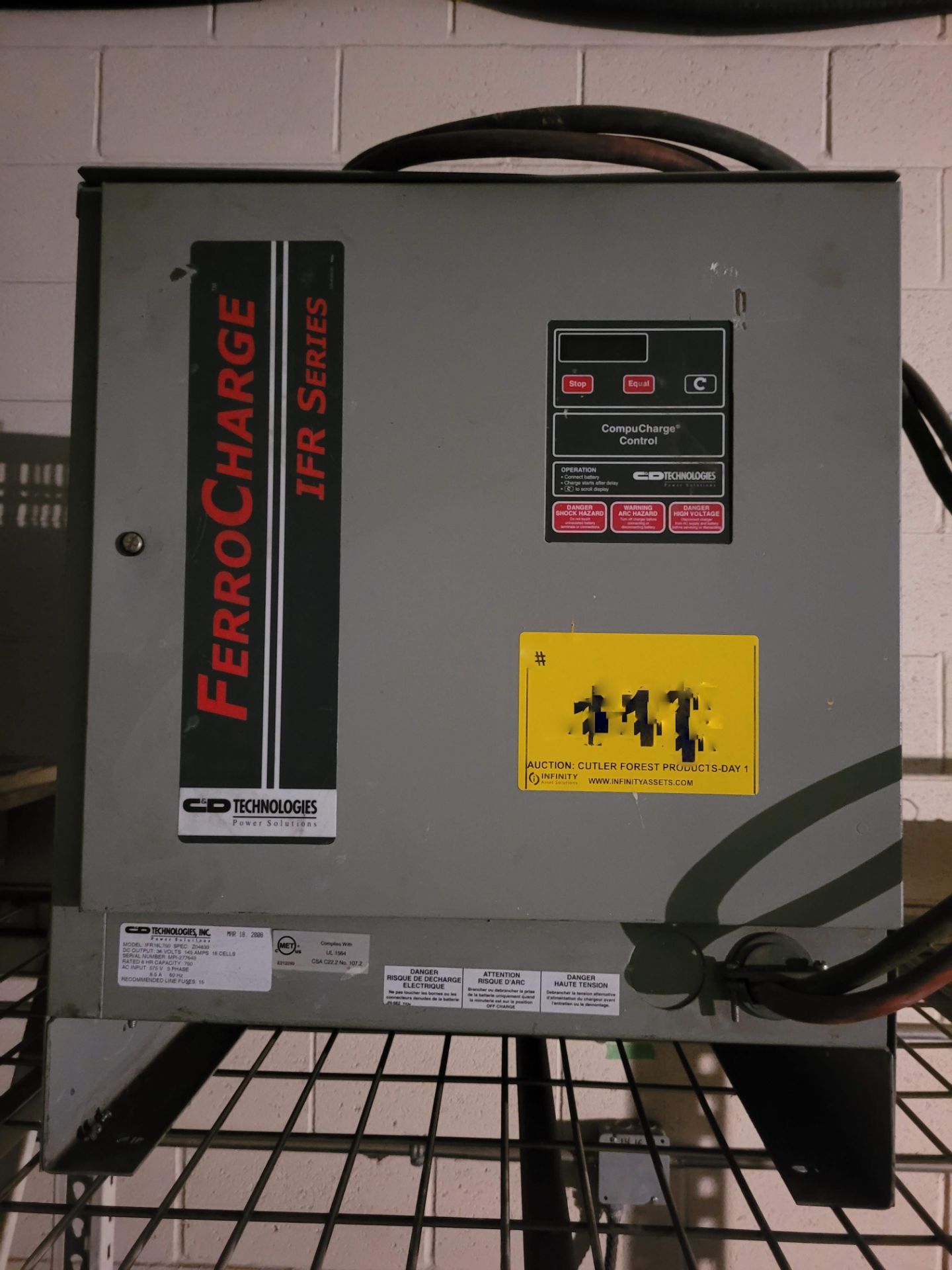 CD TECHNOLOGIES FERROCHARGE IFR SERIES CHARGER, MODEL IFR18L750, 36V (LOCATED IN WELLAND, ON)