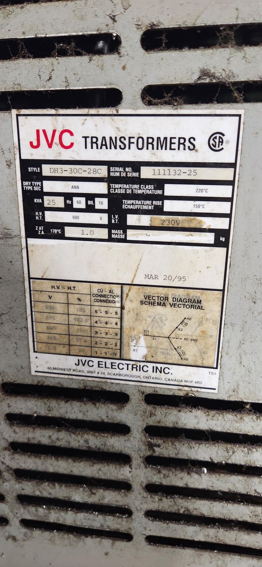 JVC 25KVA TRANSFORMER, 600V TO 230V (RIGGING FEE $75) - Image 2 of 2