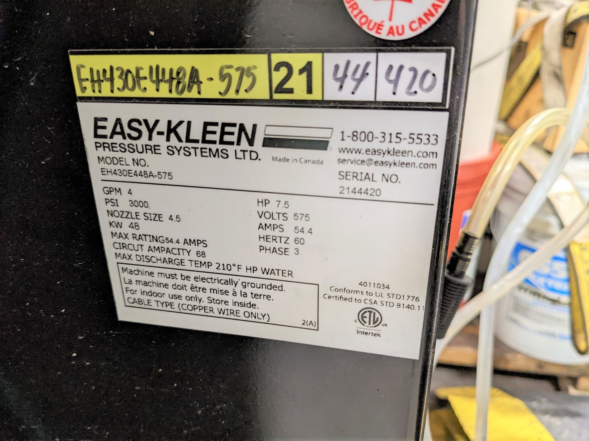 EASY-KLEEN EH430E448A-575 HOT PRESSURE WASHER, S/N 2144420, 4 GPM, 7.5HP, 3,000 PSI, 575V, 3 PHASE - Image 5 of 10