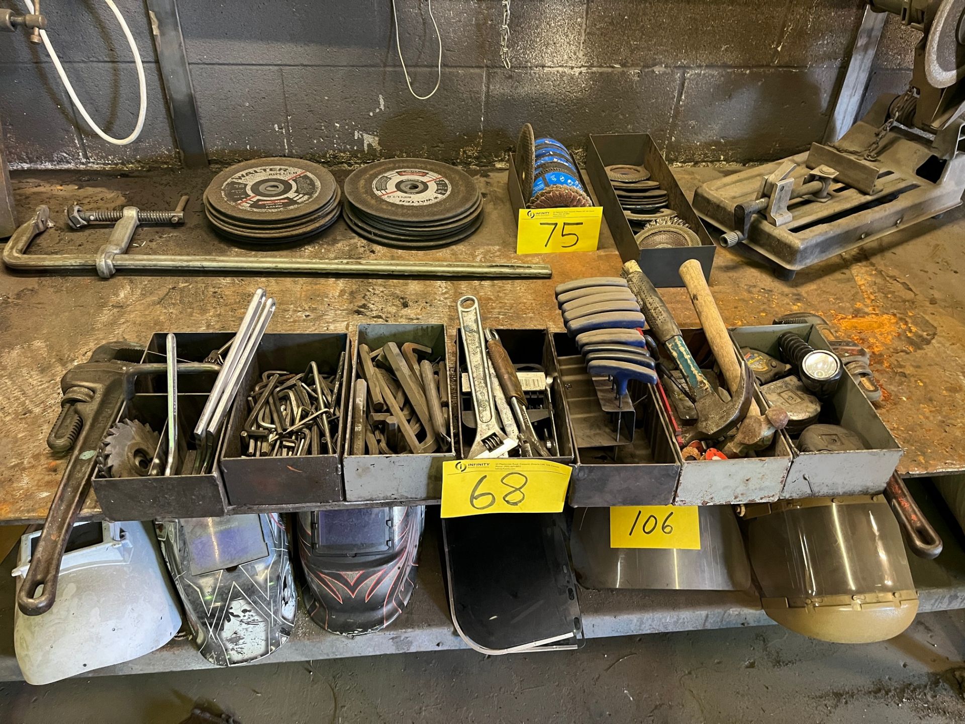 LOT OF (7) TRAYS OF HAND TOOLS AND (2) PIPE WRENCHES