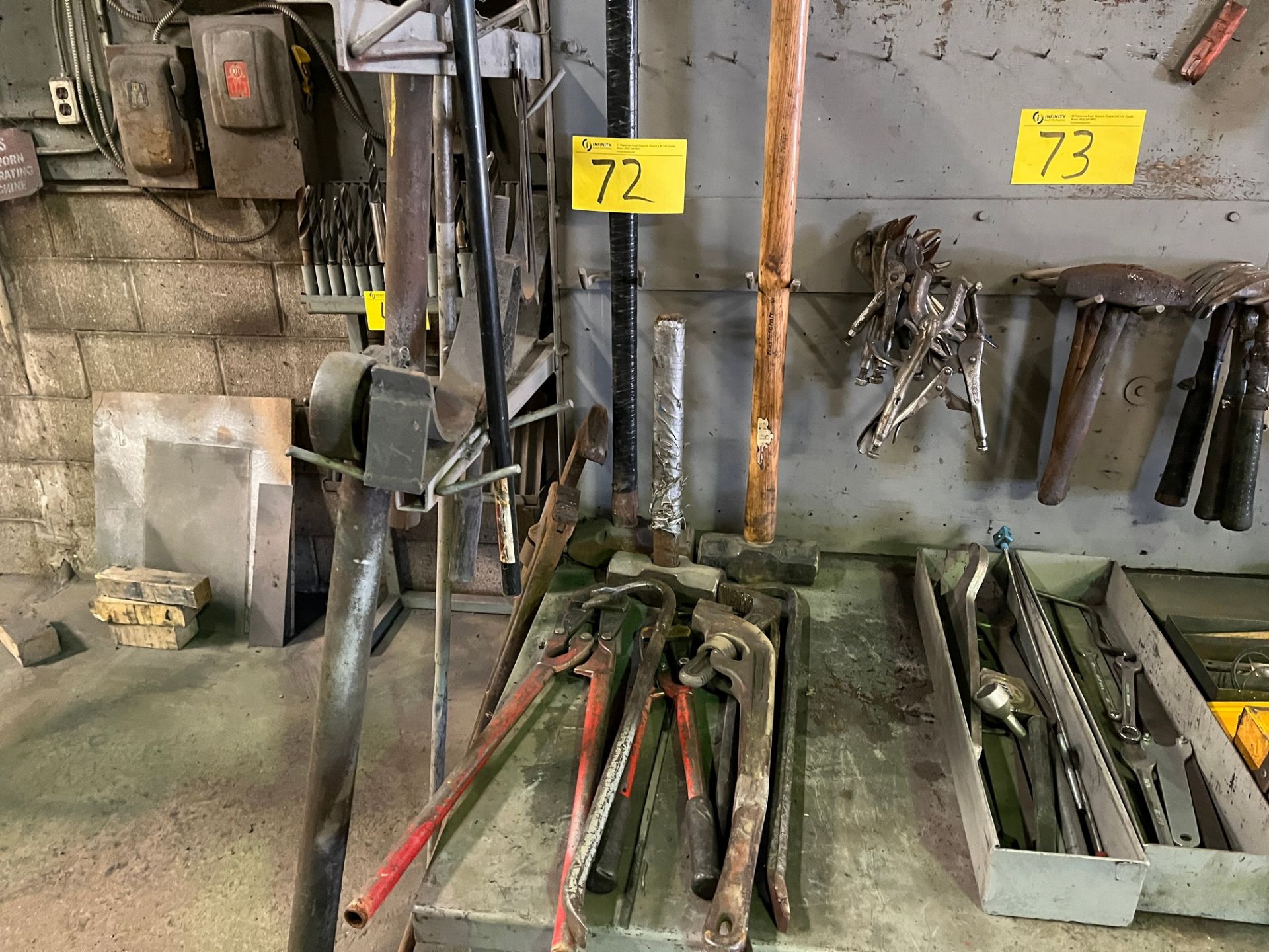 LOT OF LARGE HAND TOOLS, SLED HAMMER, BOLT CUTTERS, PIPE WRENCHES, ETC.