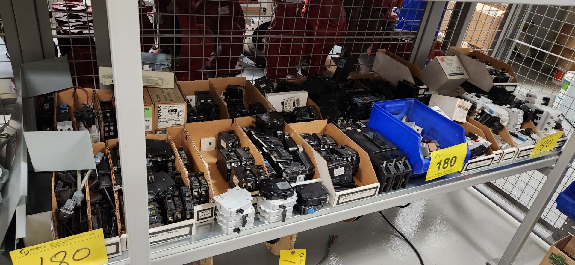 LOT OF SWITCH / BREAKER COMPONENTS ON (1) SHELF / (1) SECTION OF RACK, FPL, SQUARE D, CUTLER HAMMER,