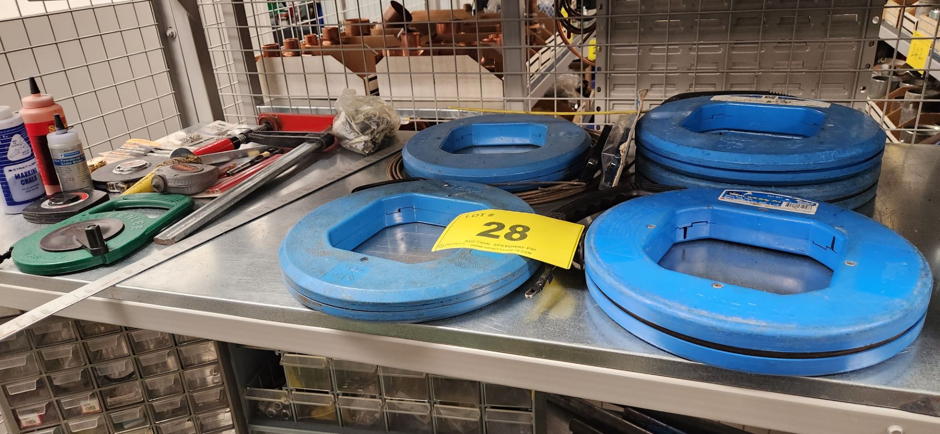 LOT OF STEEL FISH TAPE, LUFKIN 50' / 100' MEASURING TAPES, GREENLEE 436-2X, BAR CLAMP, EXTENSION