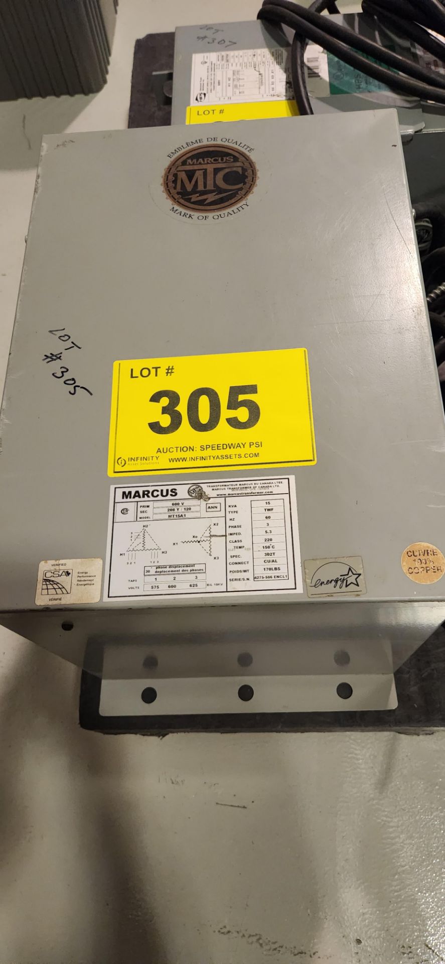 MARCUS 15KVA TRANSFORMER, 600V-120/240V W/ CABLE / PLUG IN