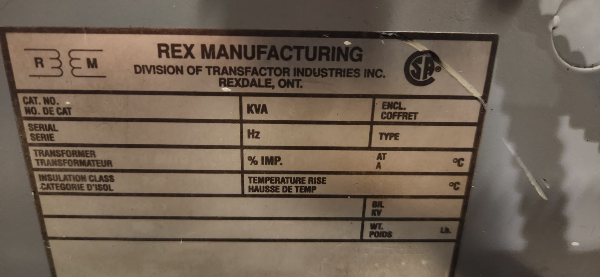 REX MANUFACTURING TRANSFORMER, SPECS N/A W/ CABLE - Image 2 of 2