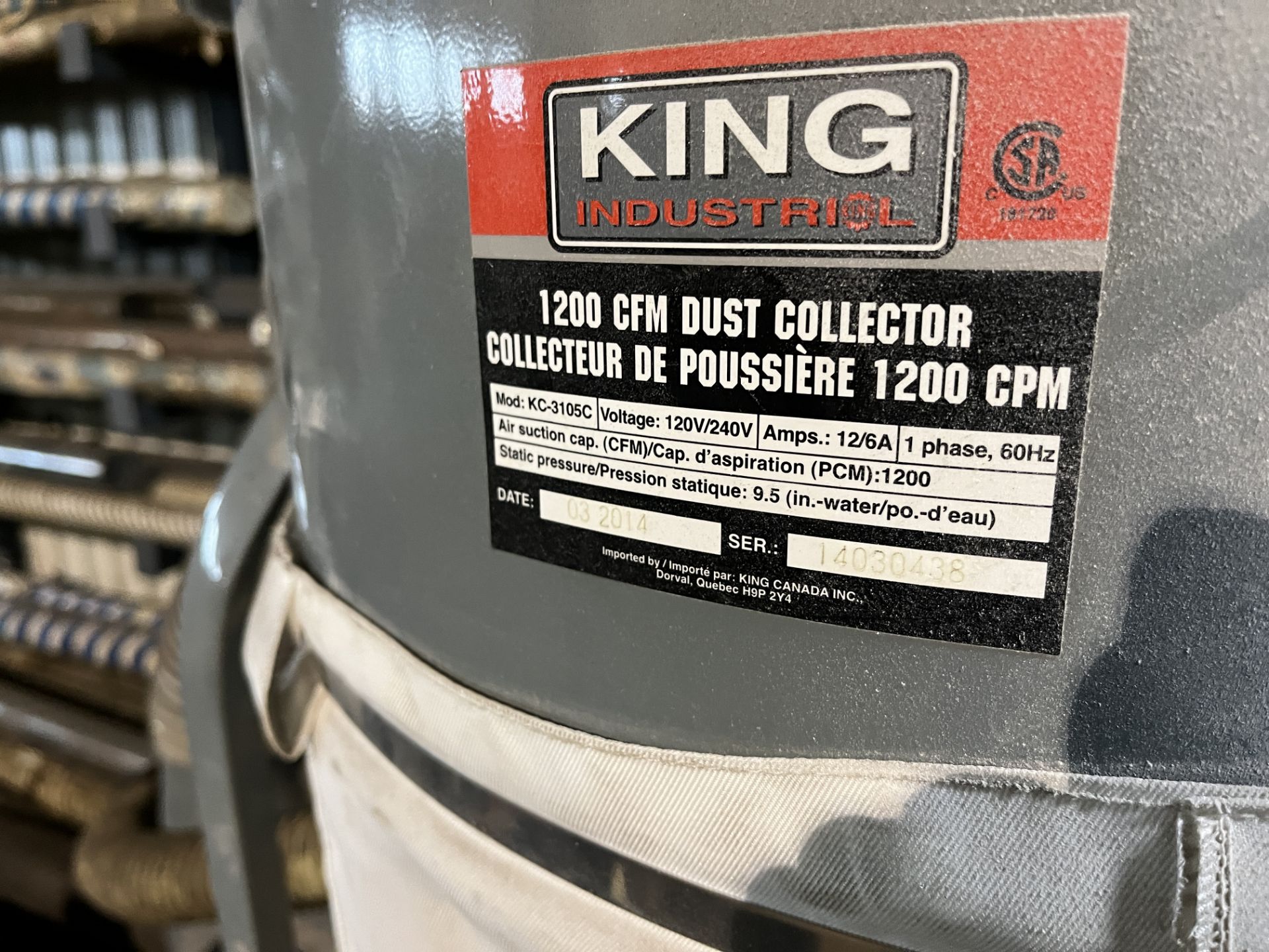 2014 KING INDUSTRIAL 1200 CFM DUST COLLECTOR MODEL KC-3105C W/ CART - Image 2 of 2