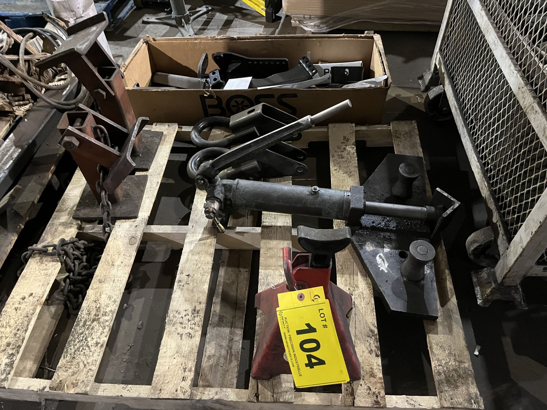 CONTENTS OF (2) PALLETS INCLUDING JACKS, HYDRAULIC PUNCH, SNLOW PLOW ASSEMBLY, ETC.