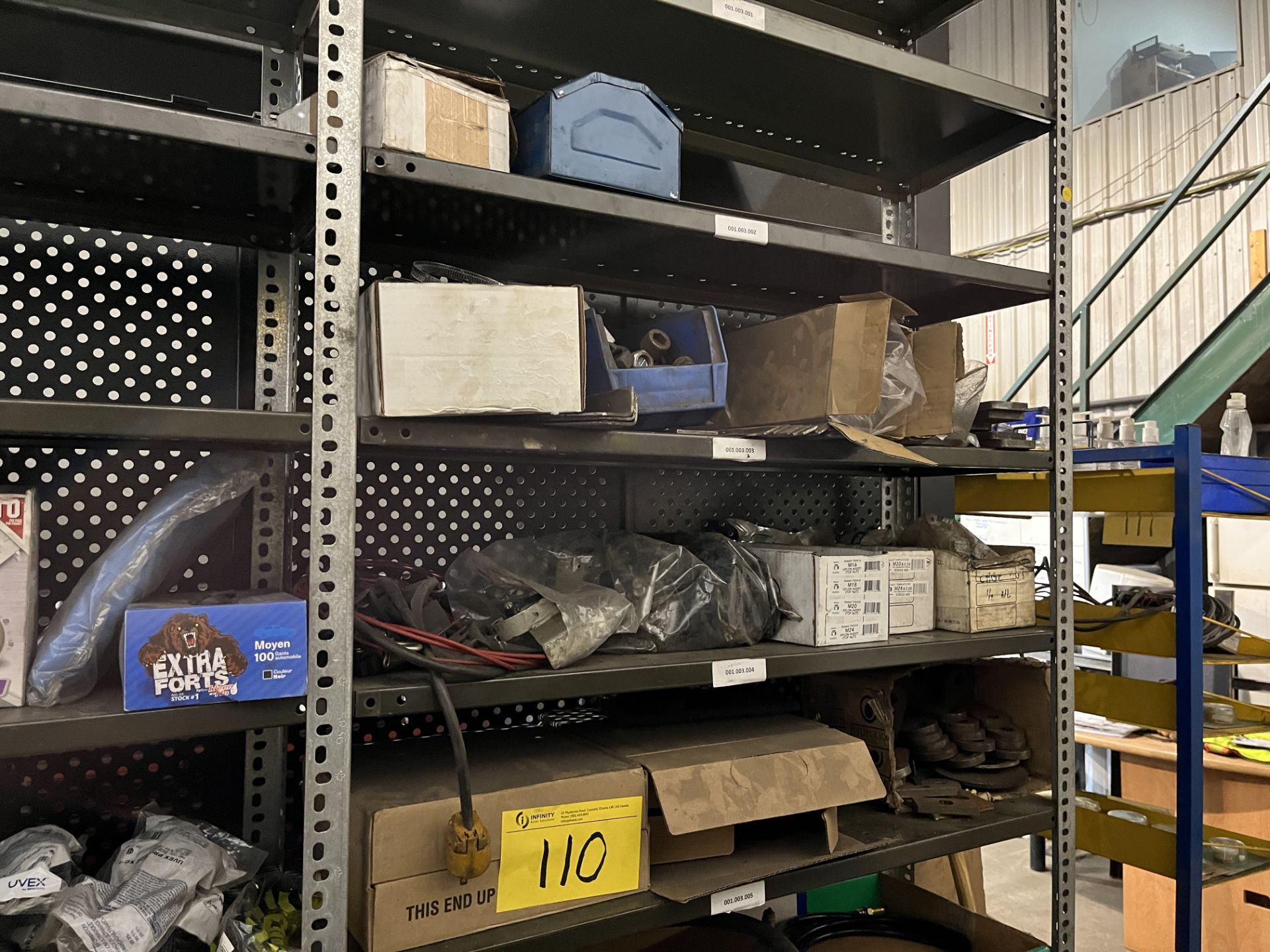 LOT OF (2) 11-LEVEL SHELVING UNITS W/ UNLOTTED CONTENTS, SAFETY SUPPLIES, GREASE, STAINLESS BANDS ( - Image 2 of 4