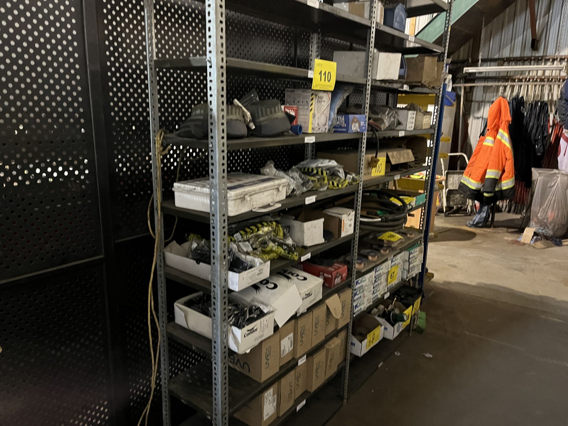 LOT OF (2) 11-LEVEL SHELVING UNITS W/ UNLOTTED CONTENTS, SAFETY SUPPLIES, GREASE, STAINLESS BANDS (