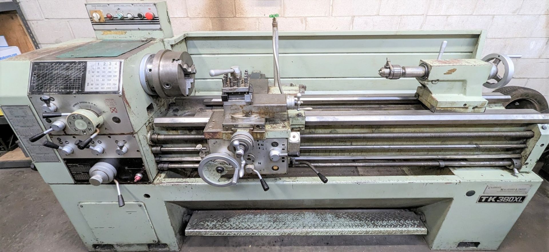 TAKANG TK 380XL ENGINE LATHE, 9” 3-JAW CHUCK, 18” SWING, 72” BED, 2.25” BORE, TAILSTOCK, TOOL
