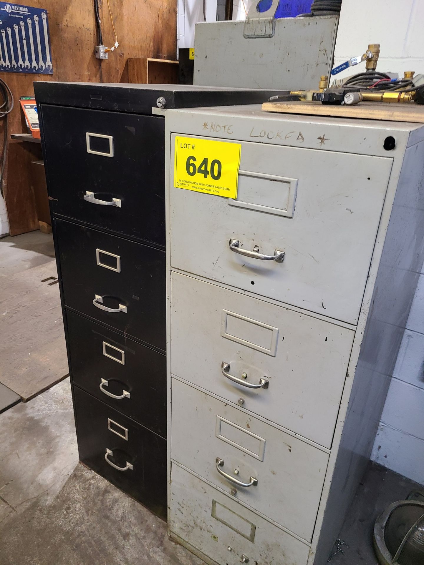 LOT OF FILE CABINETS W/ CONTENTS INCLUDING PNEUMATIC TOOLS, GEARS, PINS, HARDWARE, FITTINGS,