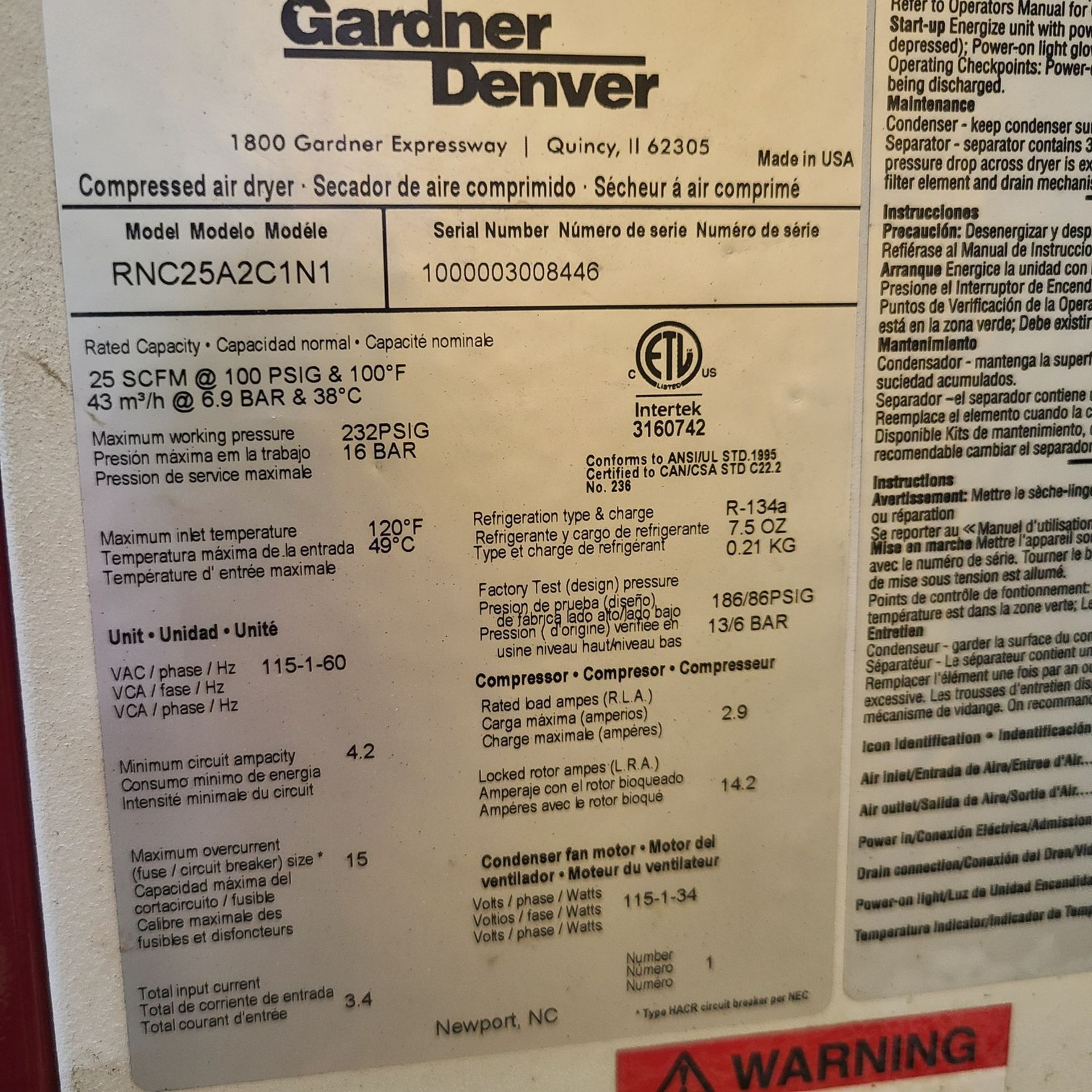 GARDNER DENVER RNC25A2C1N1 AIR DRYER, S/N 1000003008446 - Image 3 of 3