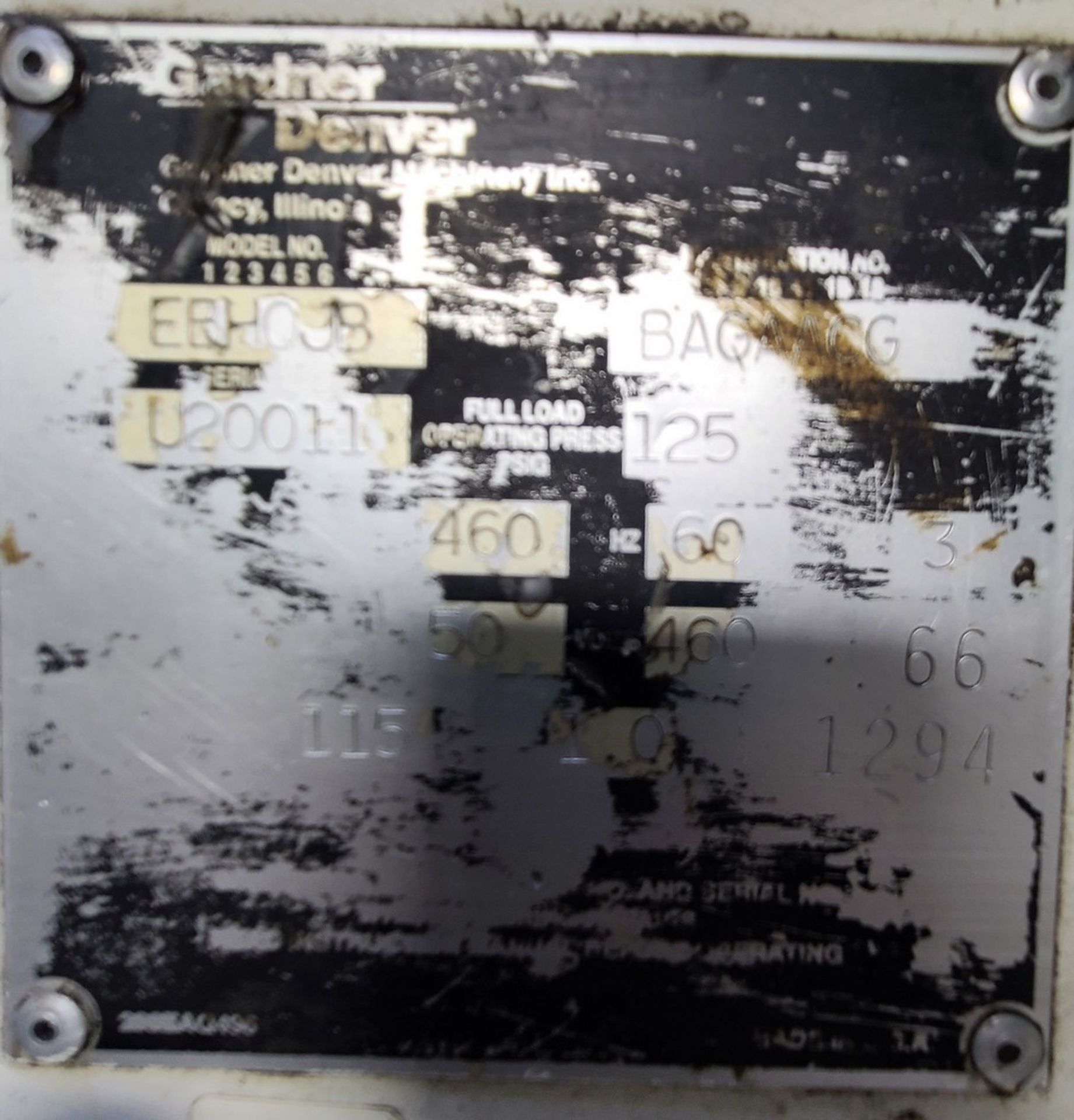 GARDNER DENVER EBH098 ROTARY SCREW AIR COMPRESSOR, 50HP, S/N U20011 - Image 3 of 5
