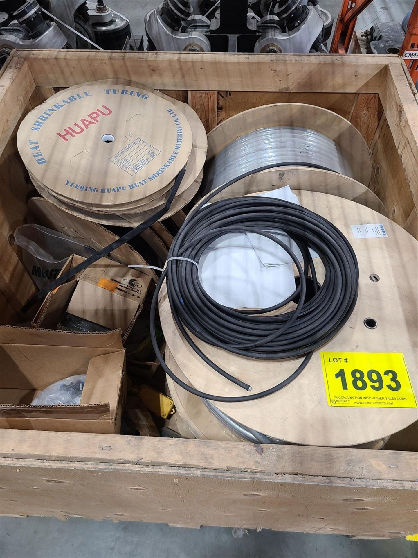 BOX OF 3 REELS OF WIRE, SHRINKABLE TUBING ETC.