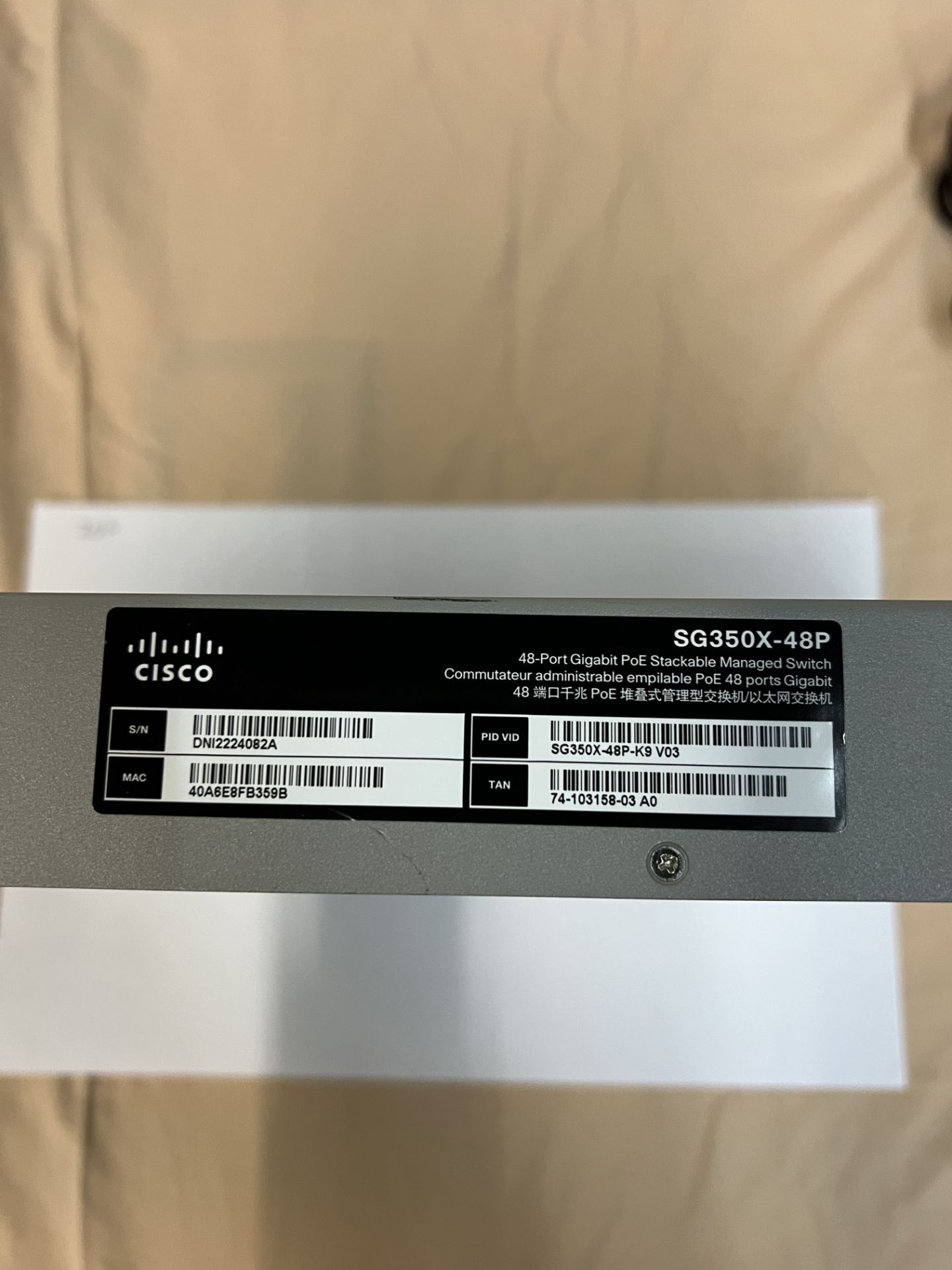 CISCO SG350X-48P 48-PORT GIGABIT POE STACKABLE MANAGED SWITCH, S/N DNI2224085Q (LOCATED IN - Image 2 of 2