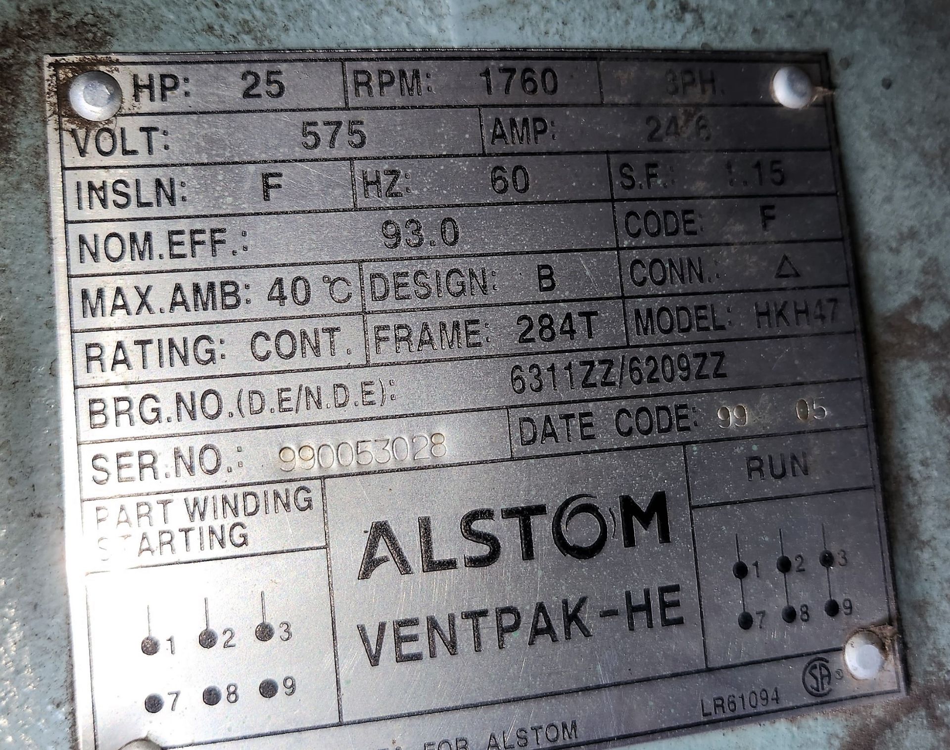 ALSTOM 25HP, PISTON AIR COMPRESSOR. S/N 990053028 - Image 2 of 2