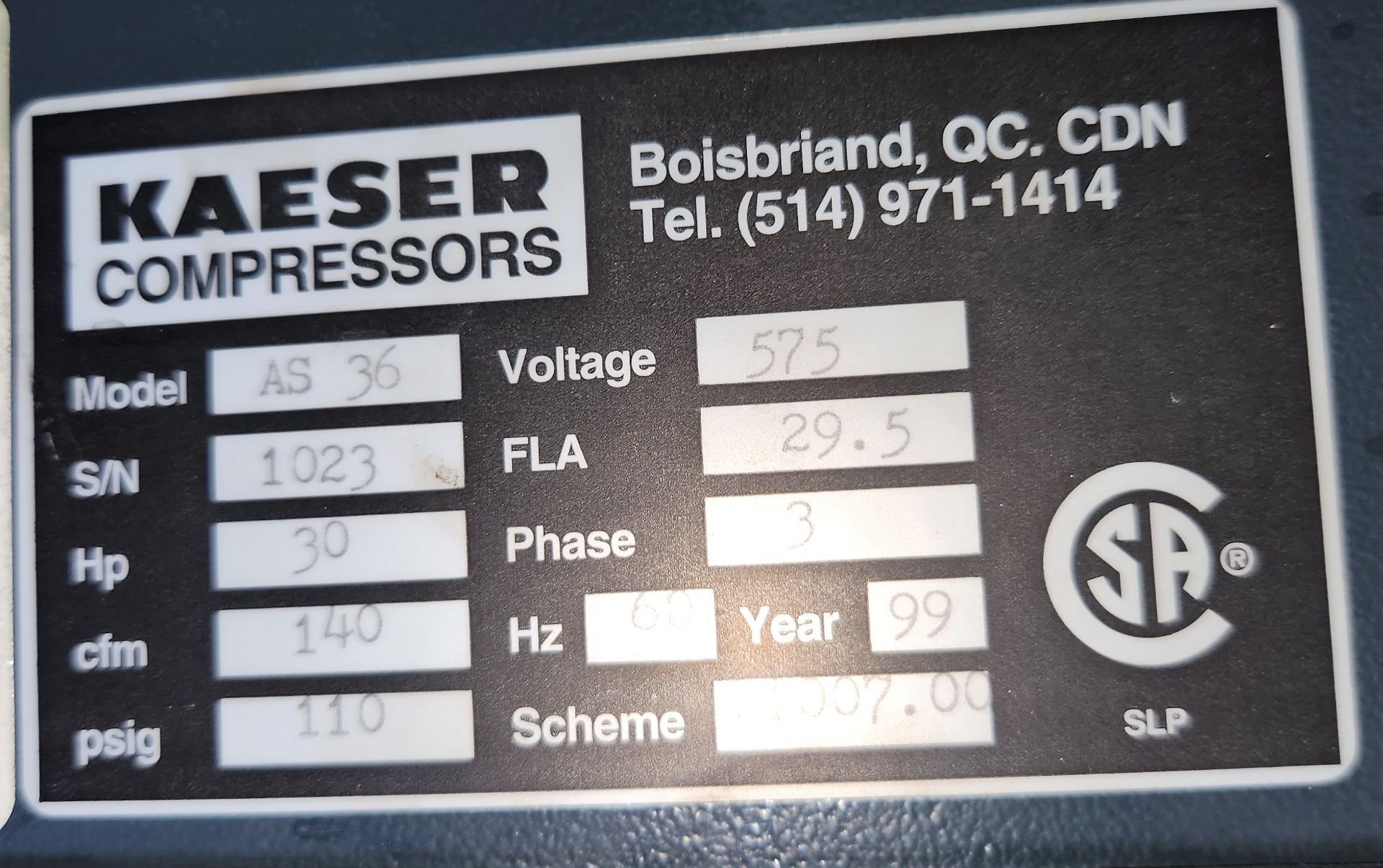 KAESER AS36 AIR COMPRESSOR, 30 HP, S/N 1023 - Image 3 of 3