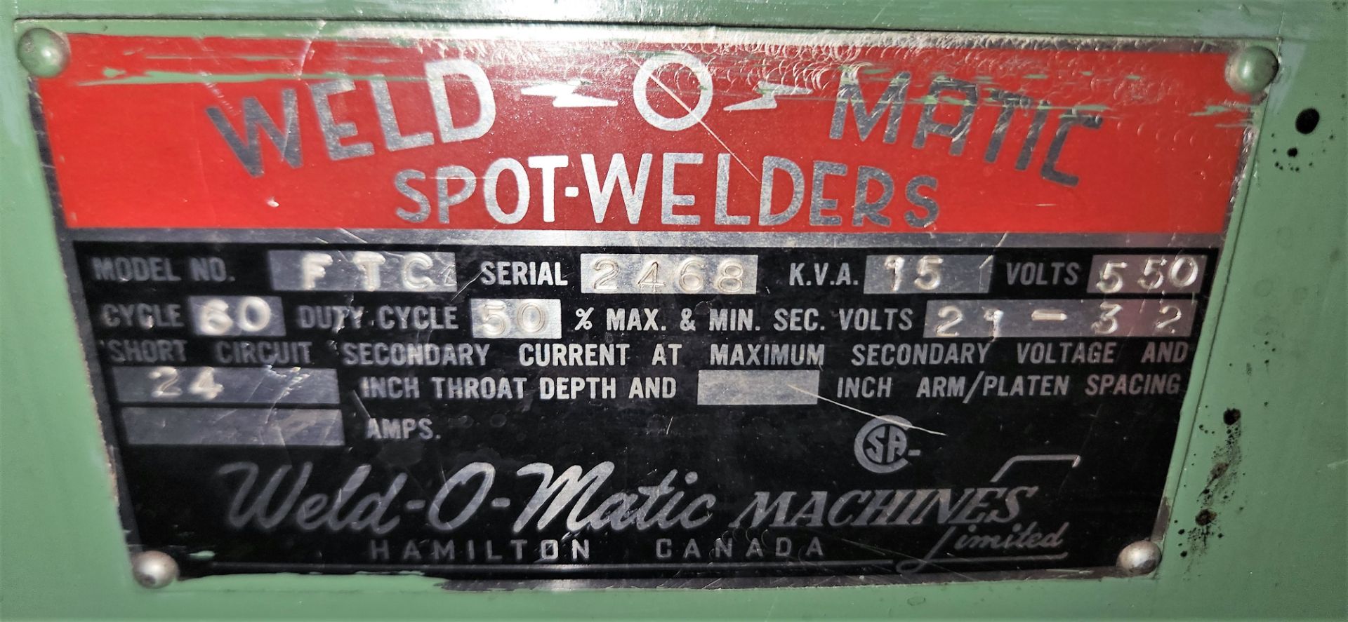 WELD-O-MATIC SPOT-WELDERS FTC, 15KVA, S/N 2468 - Image 2 of 2