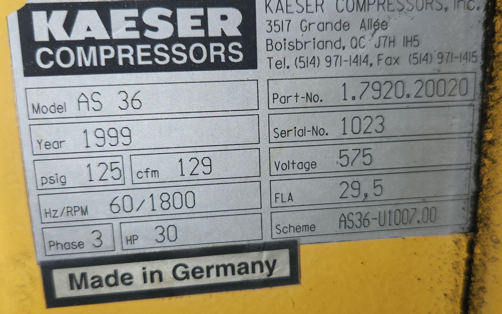 KAESER AS36 AIR COMPRESSOR, 30 HP, S/N 1023 - Image 2 of 3