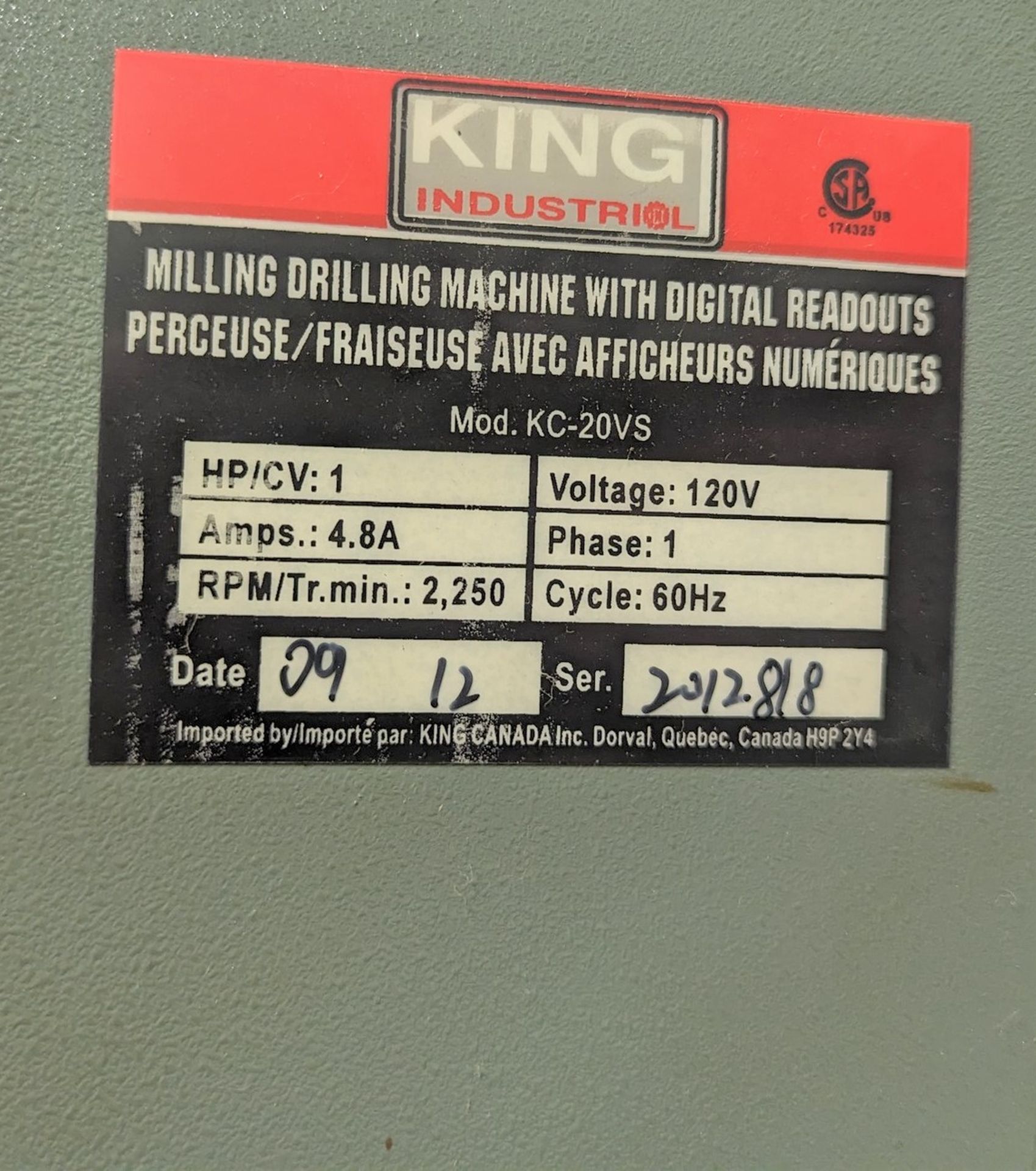 2012 KING INDUSTRIAL KC-20VS MILLING DRILLING MACHINE WITH DIGITAL READOUTS, S/N 0912 (RIGGING - Image 5 of 10
