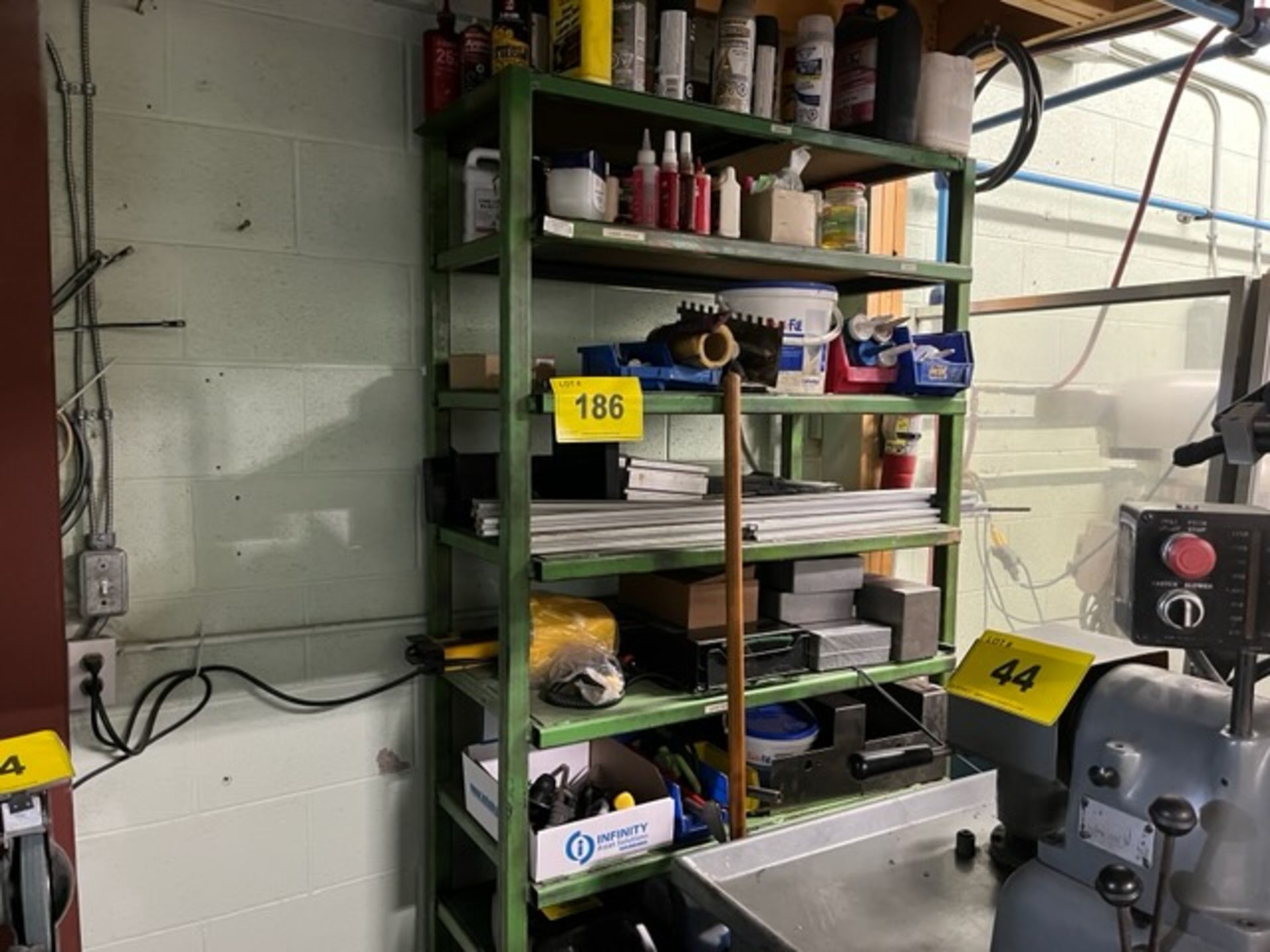 9-LEVEL HEAVY DUTY STEEL SHELVING UNIT W/ MAINTENANCE CONTENTS AND 6-LEVEL CABINET