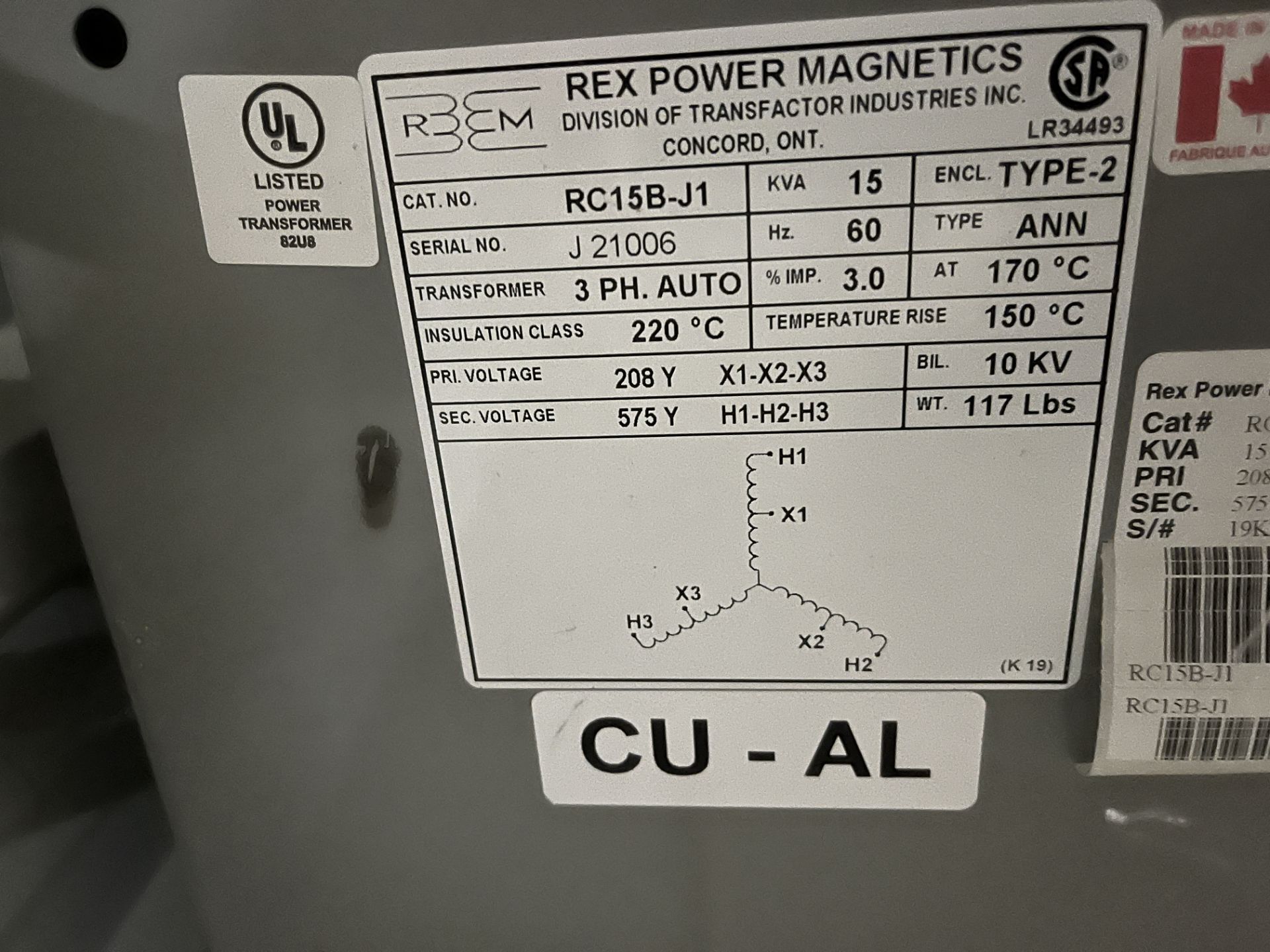 REX POWER MAGNETICS 15KVA TRANSFORMER, 208Y PRIMARY, 575Y SECONDARY (RIGGING FEE $100) - Image 2 of 2