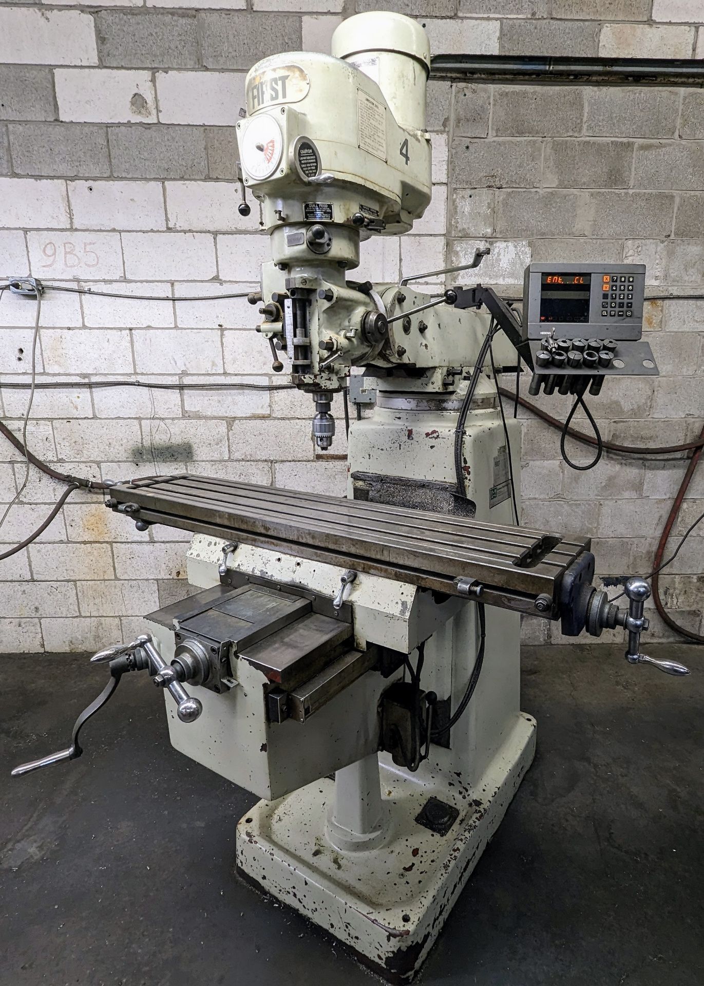 FIRST LC-185VS VERTICAL MILLING MACHINE, HEIDENHAIN 2-AXIS DRO, 3HP, 10” X 50” TABLE, S/N 60302139