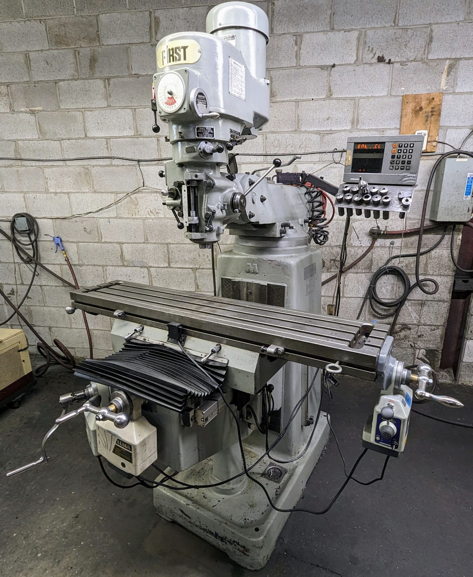 FIRST LC-185VS VERTICAL MILLING MACHINE, HEIDENHAIN 2-AXIS DRO, POWER FEEDS, 3HP, 10” X 50” TABLE,