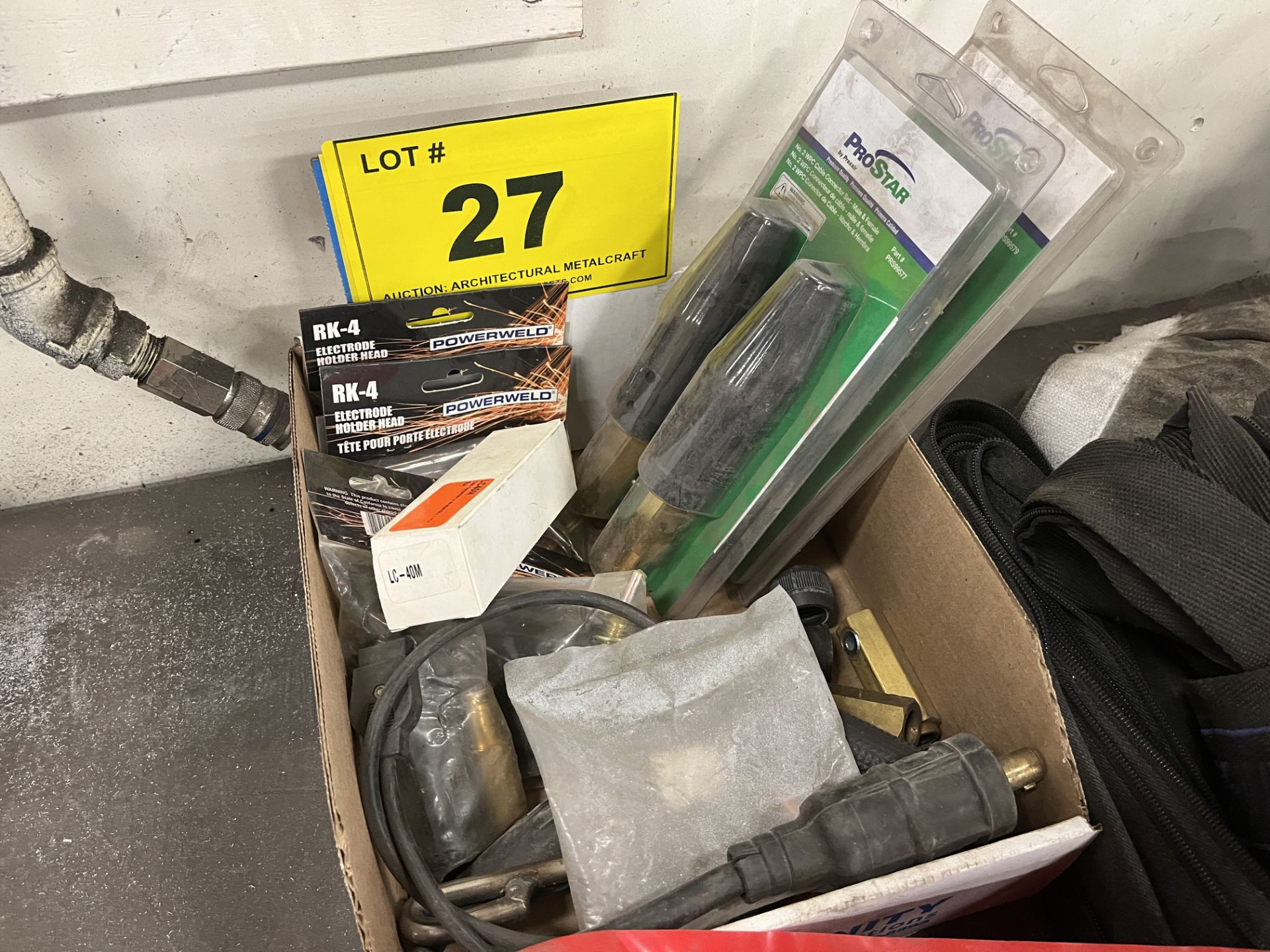 BOX OF WELDING COMPONENTS (RH4 ELECTRODE HOLDER HEAD, PROSTAR, ETC)